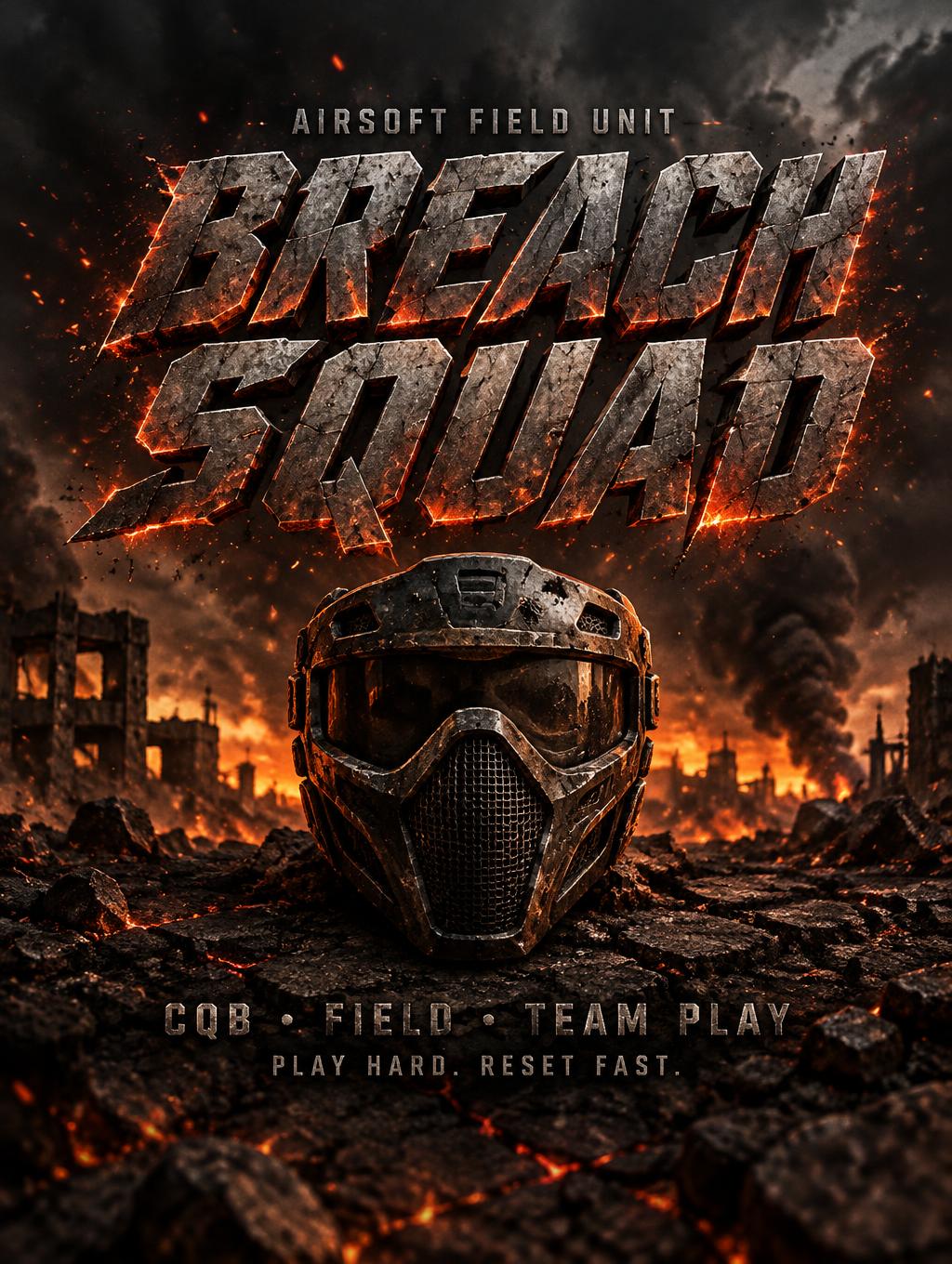 "AIRSOFT FIELD UNIT
BREACH SQUAD
CQB • FIELD • TEAM PLAY
PLAY HARD. RESET FAST." — Post Apocalyptic text effect