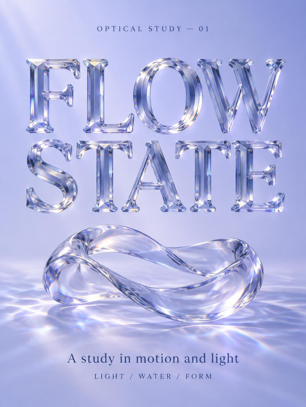 "FLOW STATE
OPTICAL STUDY — 01
A study in motion and light
LIGHT / WATER / FORM" — Glass | AI Text Effect Generator
