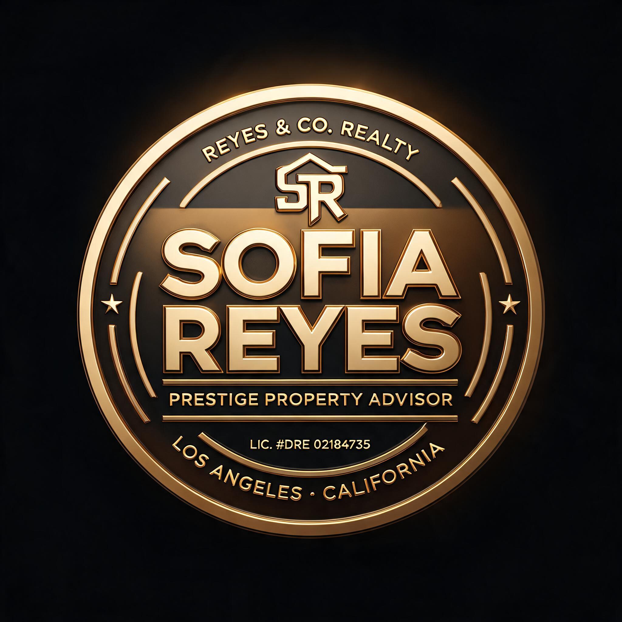 "SOFIA
REYES
REYES & CO. REALTY
PRESTIGE PROPERTY ADVISOR
LOS ANGELES · CALIFORNIA
LIC. #DRE 02184735" — 3d Bold Gold text effect