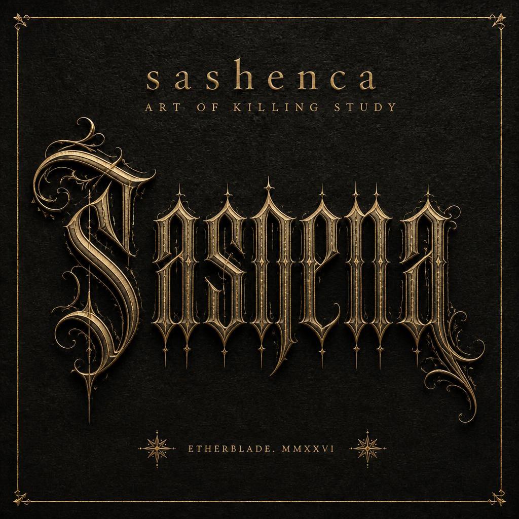 "sashenca
ART OF KILLING STUDY
ETHERBLADE. MMXXVI" — Gothic Font | AI Text Effect Generator