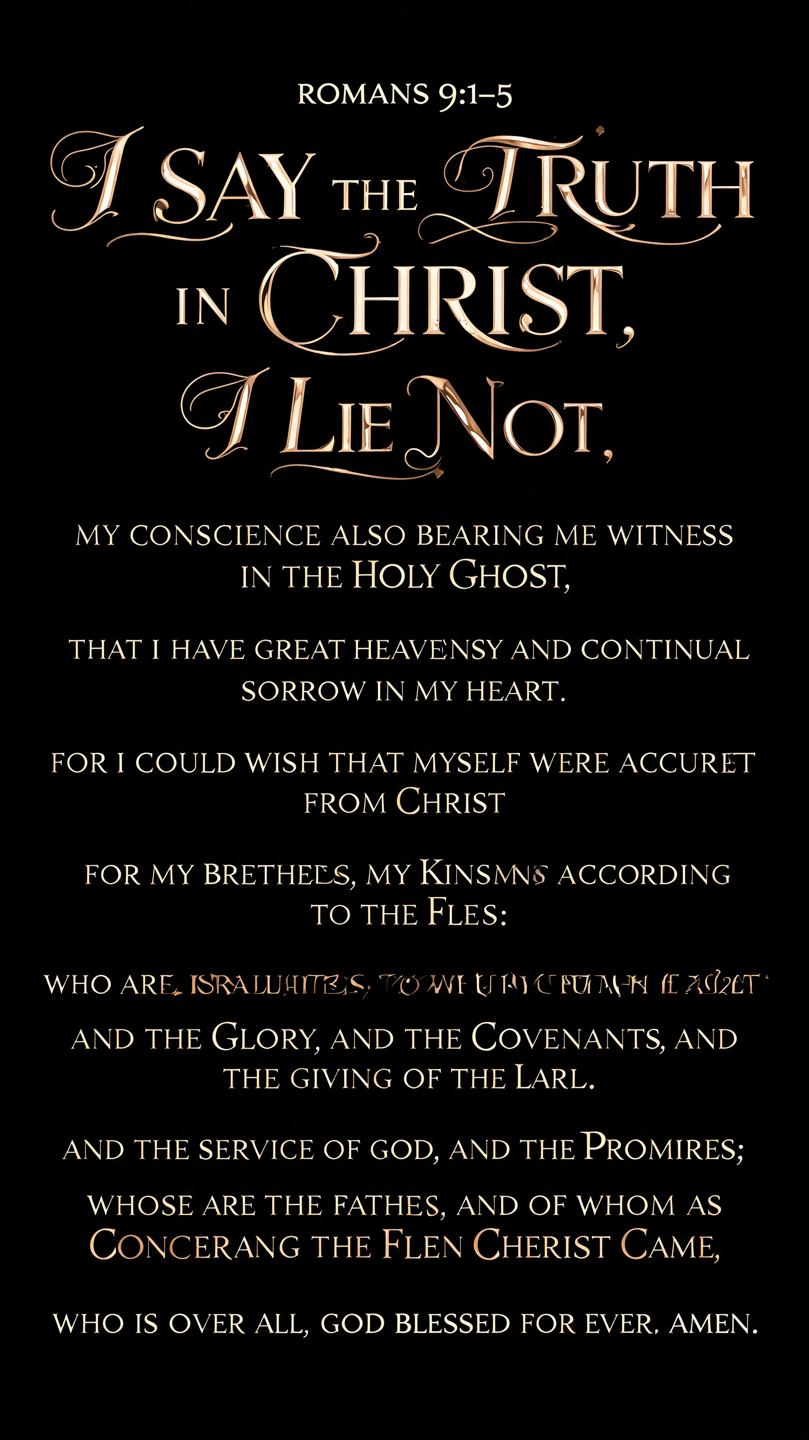 "ROMANS 9:1–5
I SAY THE TRUTH IN CHRIST,
I LIE NOT,
MY CONSCIENCE ALSO BEARING ME WITNESS IN THE HOLY GHOST,
THAT I HAVE GREAT HEAVINESS AND CONTINUAL SORROW IN MY HEART.
FOR I COULD WISH THAT MYSELF WERE ACCURSED FROM CHRIST
FOR MY BRETHREN, MY KINSMEN ACCORDING TO THE FLESH:
WHO ARE ISRAELITES; TO WHOM PERTAINETH THE ADOPTION,
AND THE GLORY, AND THE COVENANTS, AND THE GIVING OF THE LAW,
AND THE SERVICE OF GOD, AND THE PROMISES;
WHOSE ARE THE FATHERS, AND OF WHOM AS CONCERNING THE FLESH CHRIST CAME,
WHO IS OVER ALL, GOD BLESSED FOR EVER. AMEN." — Cursive Calligraphy text effect