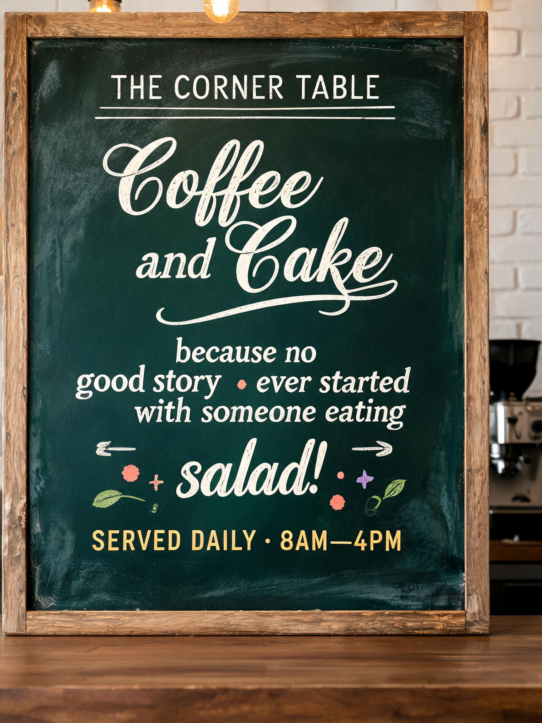 "Coffee and Cake
because no good story ever started with someone eating salad!" — Chalk | AI Text Effect Generator