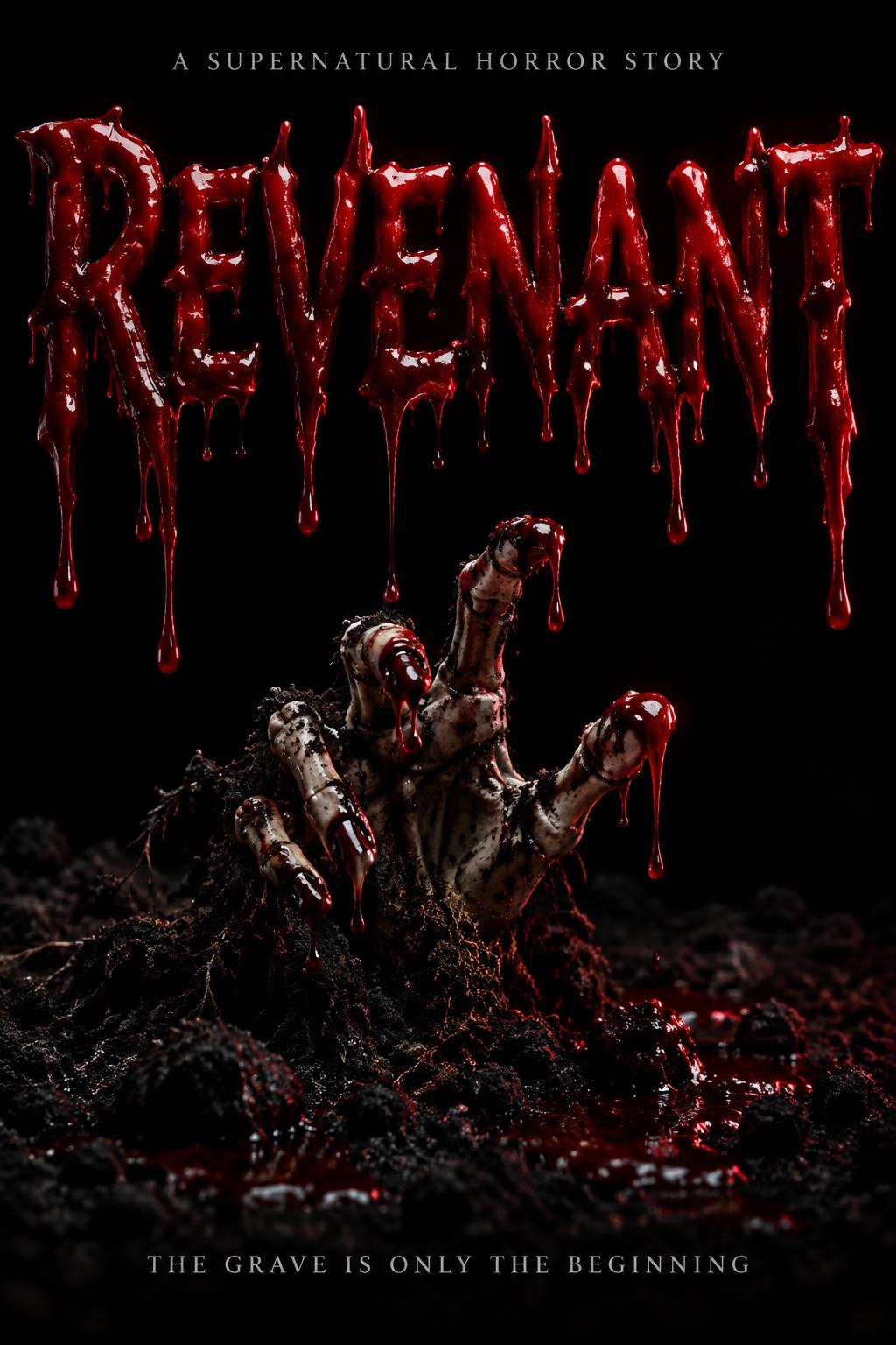 "REVENANT
THE GRAVE IS ONLY THE BEGINNING
A SUPERNATURAL HORROR STORY" — Drip Font Blood | AI Text Effect Generator