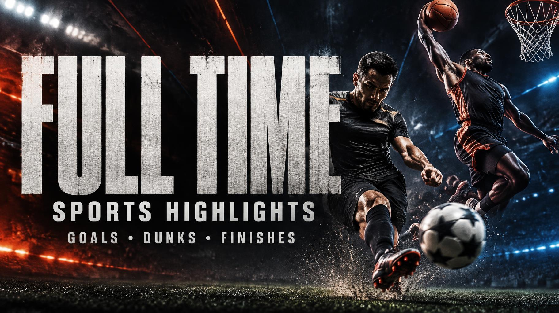 "FULL TIME
SPORTS HIGHLIGHTS
GOALS • DUNKS • FINISHES" — Sports | AI Text Effect Generator