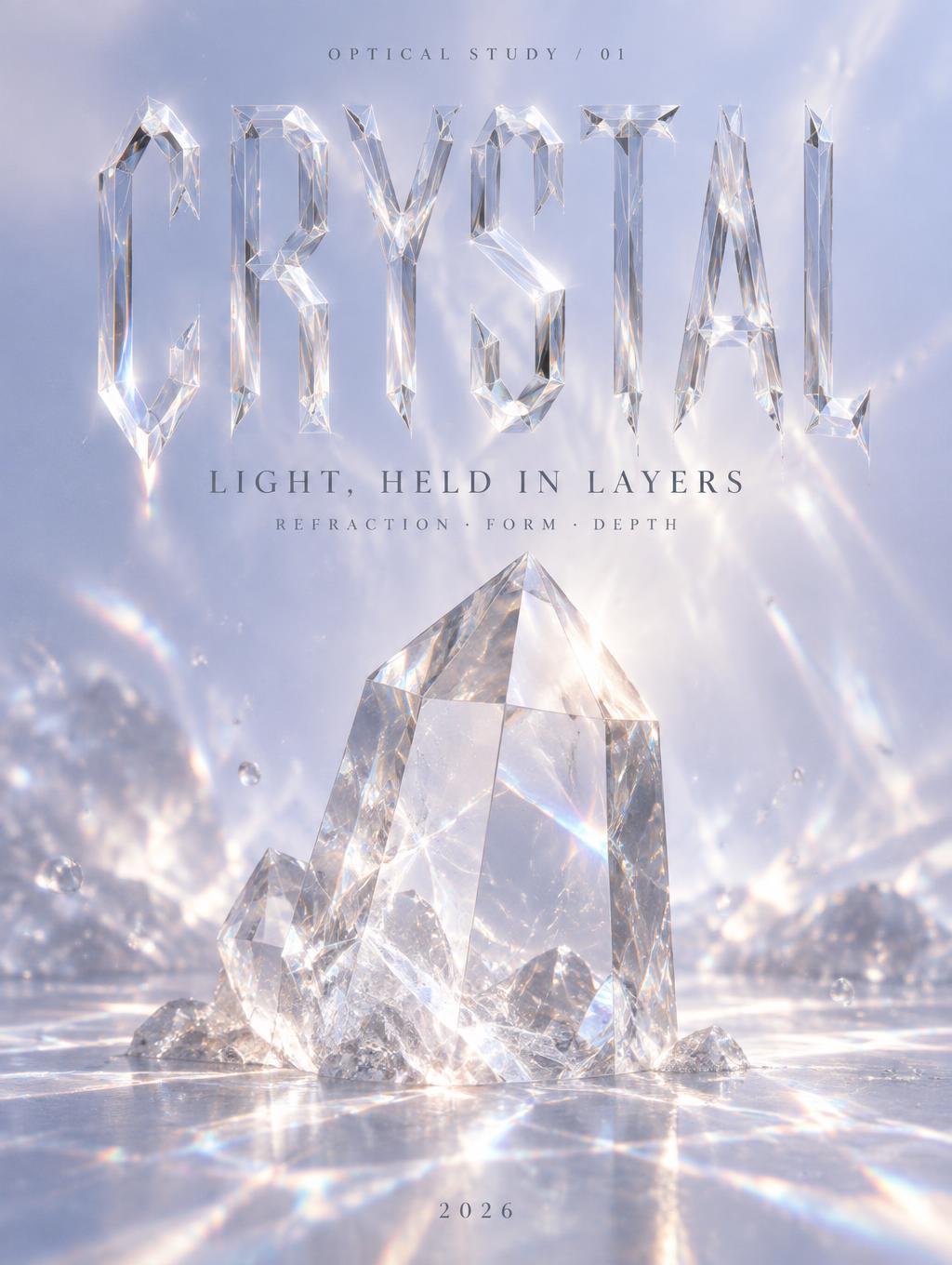 "CRYSTAL
OPTICAL STUDY / 01
LIGHT, HELD IN LAYERS
REFRACTION · FORM · DEPTH
2026" — Glass | AI Text Effect Generator