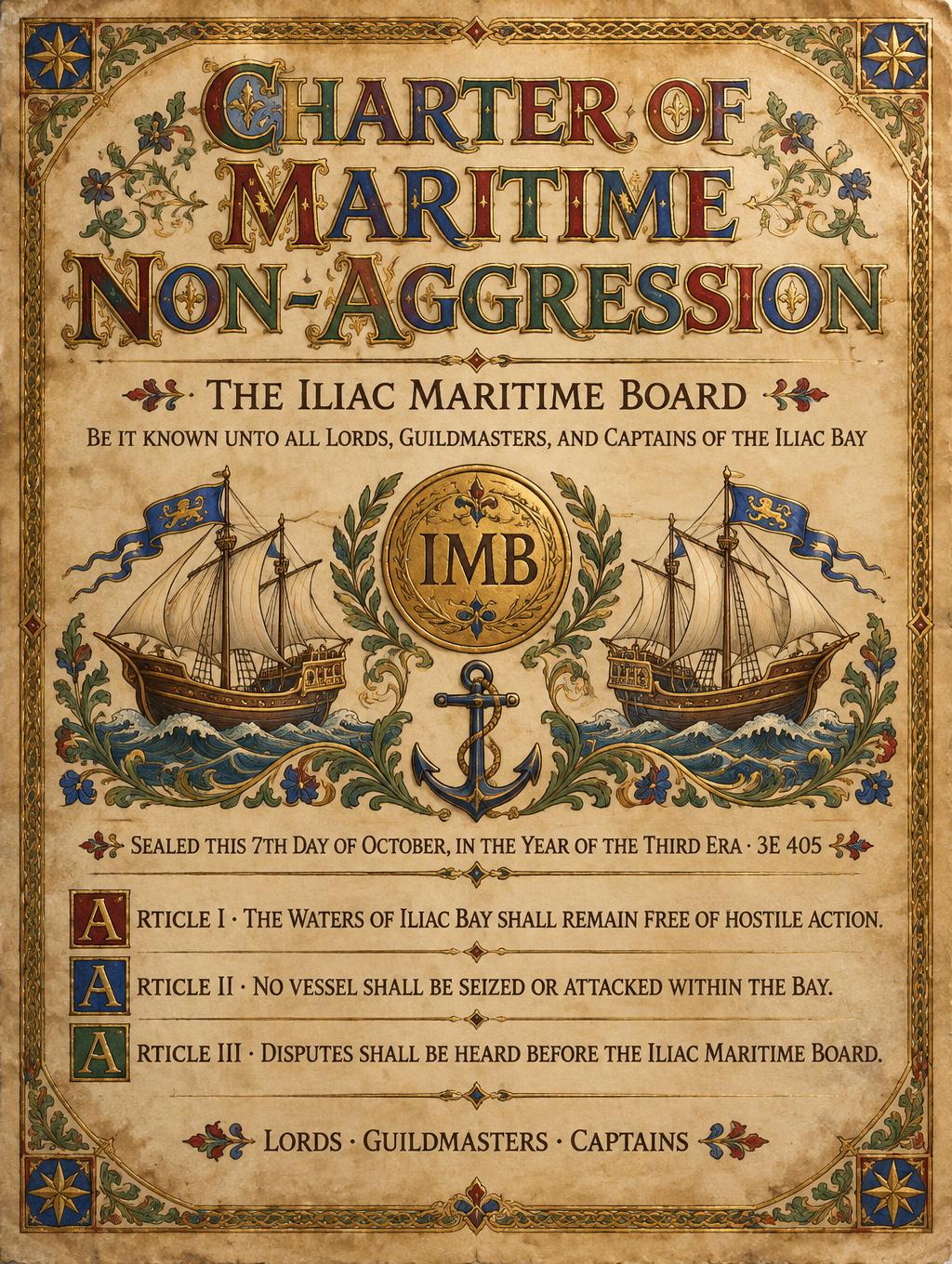 "CHARTER OF MARITIME NON-AGGRESSION
THE ILIAC MARITIME BOARD
IMB
BE IT KNOWN UNTO ALL LORDS, GUILDMASTERS, AND CAPTAINS OF THE ILIAC BAY
SEALED THIS 7TH DAY OF OCTOBER, IN THE YEAR OF THE THIRD ERA · 3E 405
ARTICLE I · THE WATERS OF ILIAC BAY SHALL REMAIN FREE OF HOSTILE ACTION.
ARTICLE II · NO VESSEL SHALL BE SEIZED OR ATTACKED WITHIN THE BAY.
ARTICLE III · DISPUTES SHALL BE HEARD BEFORE THE ILIAC MARITIME BOARD.
LORDS · GUILDMASTERS · CAPTAINS" — Medieval | AI Text Effect Generator