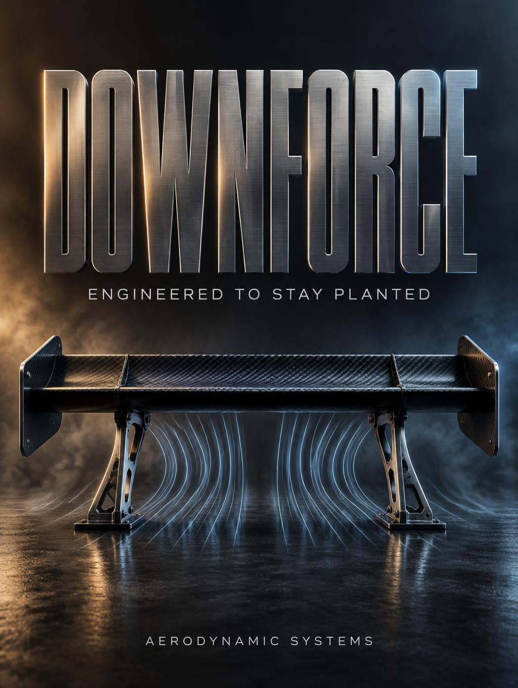 "DOWNFORCE
ENGINEERED TO STAY PLANTED
AERODYNAMIC SYSTEMS" — Metallic | AI Text Effect Generator