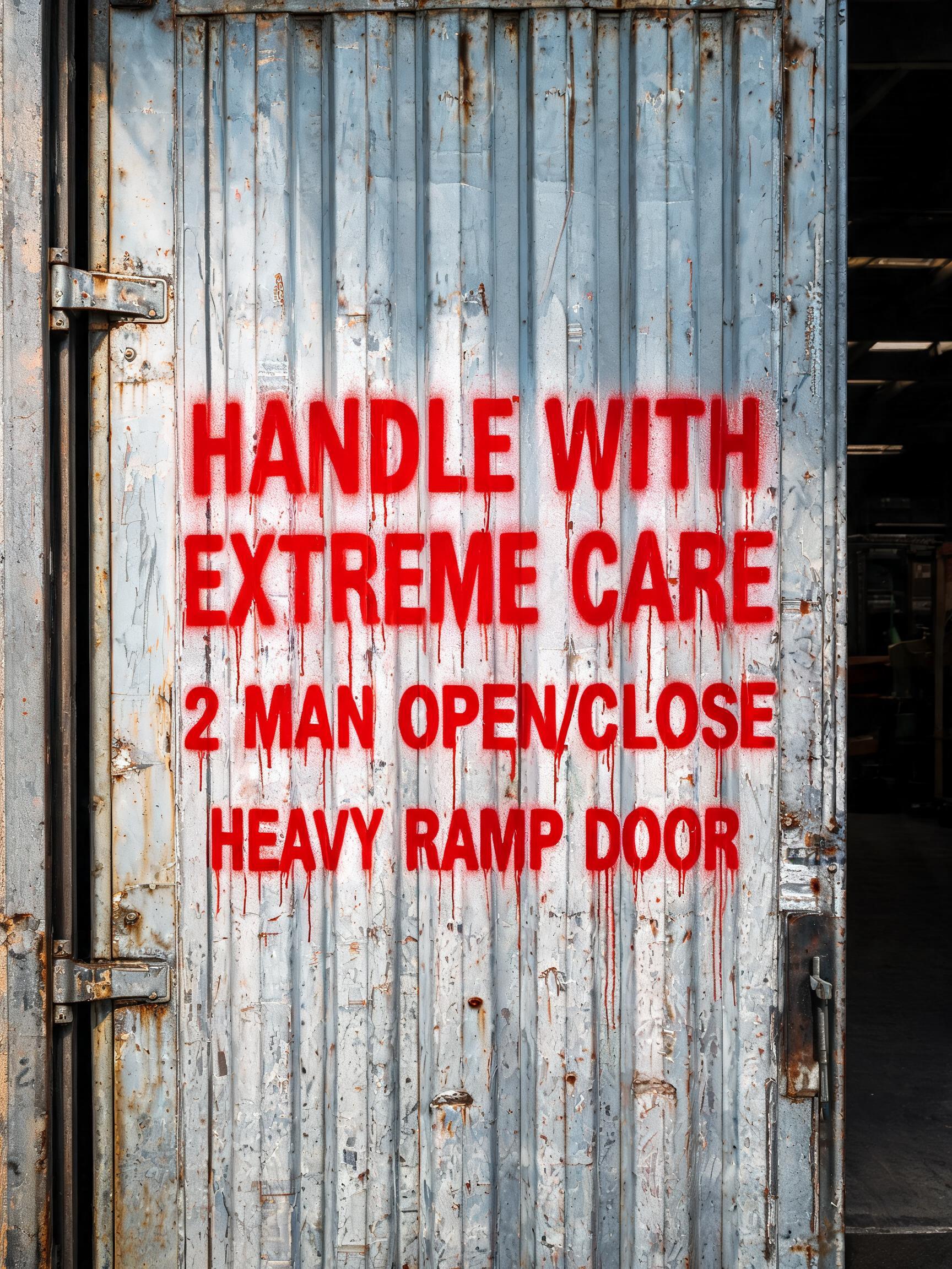 "HANDLE WITH EXTREME CARE
2 MAN OPEN/CLOSE
HEAVY RAMP DOOR" — Stencil | AI Text Effect Generator