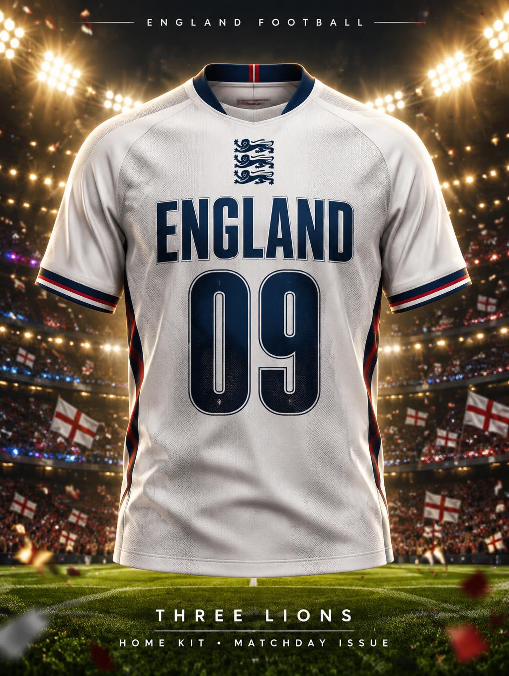 "ENGLAND
09
THREE LIONS
HOME KIT • MATCHDAY ISSUE
ENGLAND FOOTBALL" — Sports Football | AI Text Effect Generator