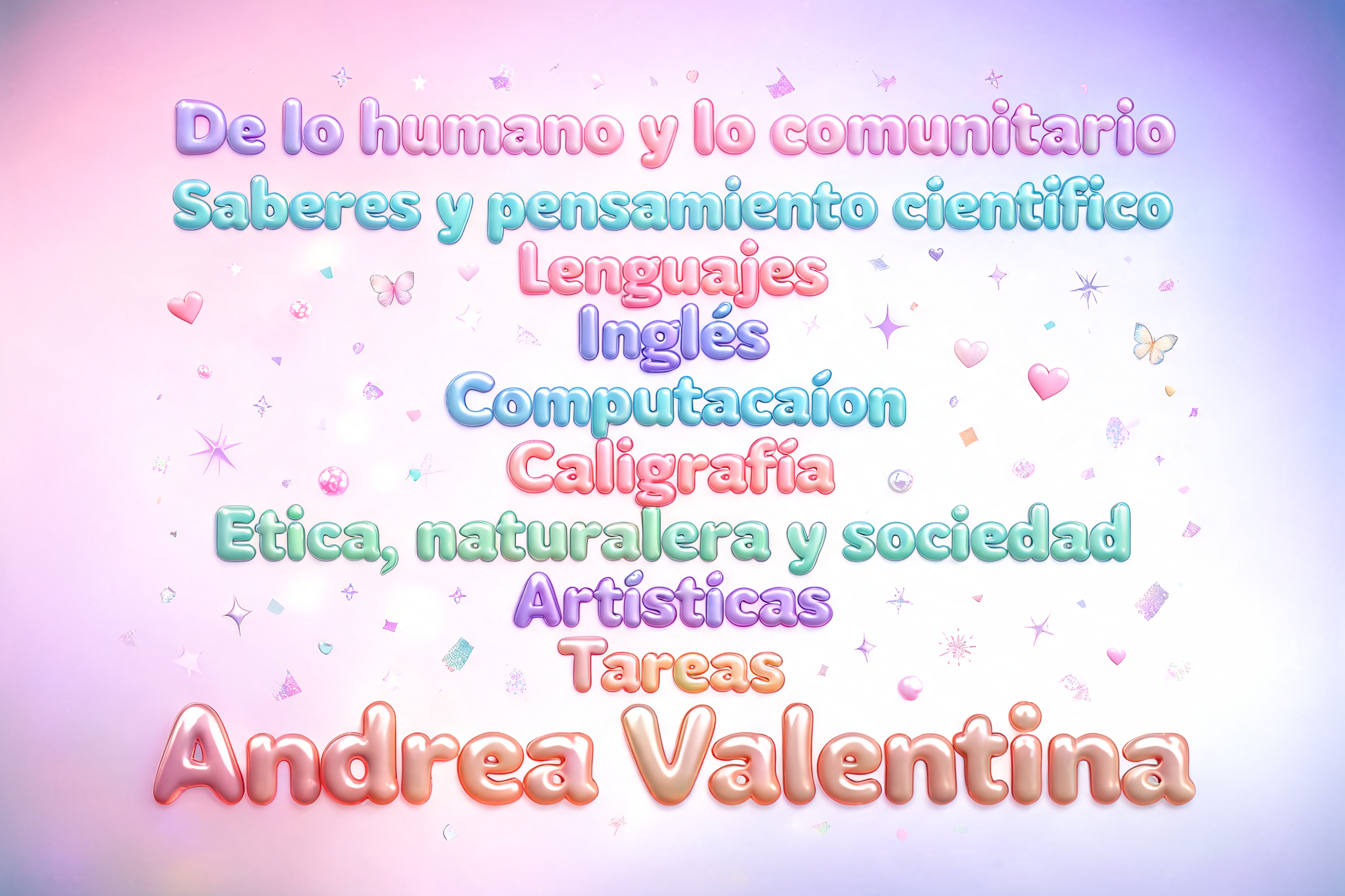 "De lo humano y lo comunitario
Saberes y pensamiento científico
Lenguajes
Inglés
Computación 
Caligrafía
Etica, naturaleza y sociedad
Artísticas
Tareas
Andrea Valentina" — Y2k Bubbly | AI Text Effect Generator