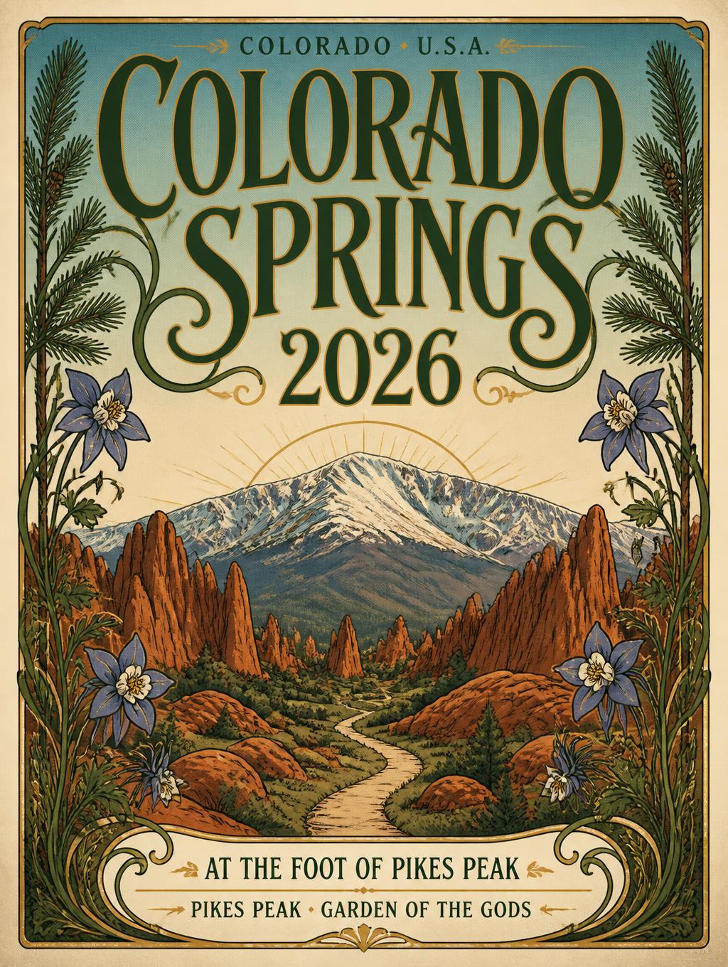 "COLORADO • U.S.A.
COLORADO
SPRINGS
2026
AT THE FOOT OF PIKES PEAK
PIKES PEAK · GARDEN OF THE GODS" —  | AI Text Effect Generator