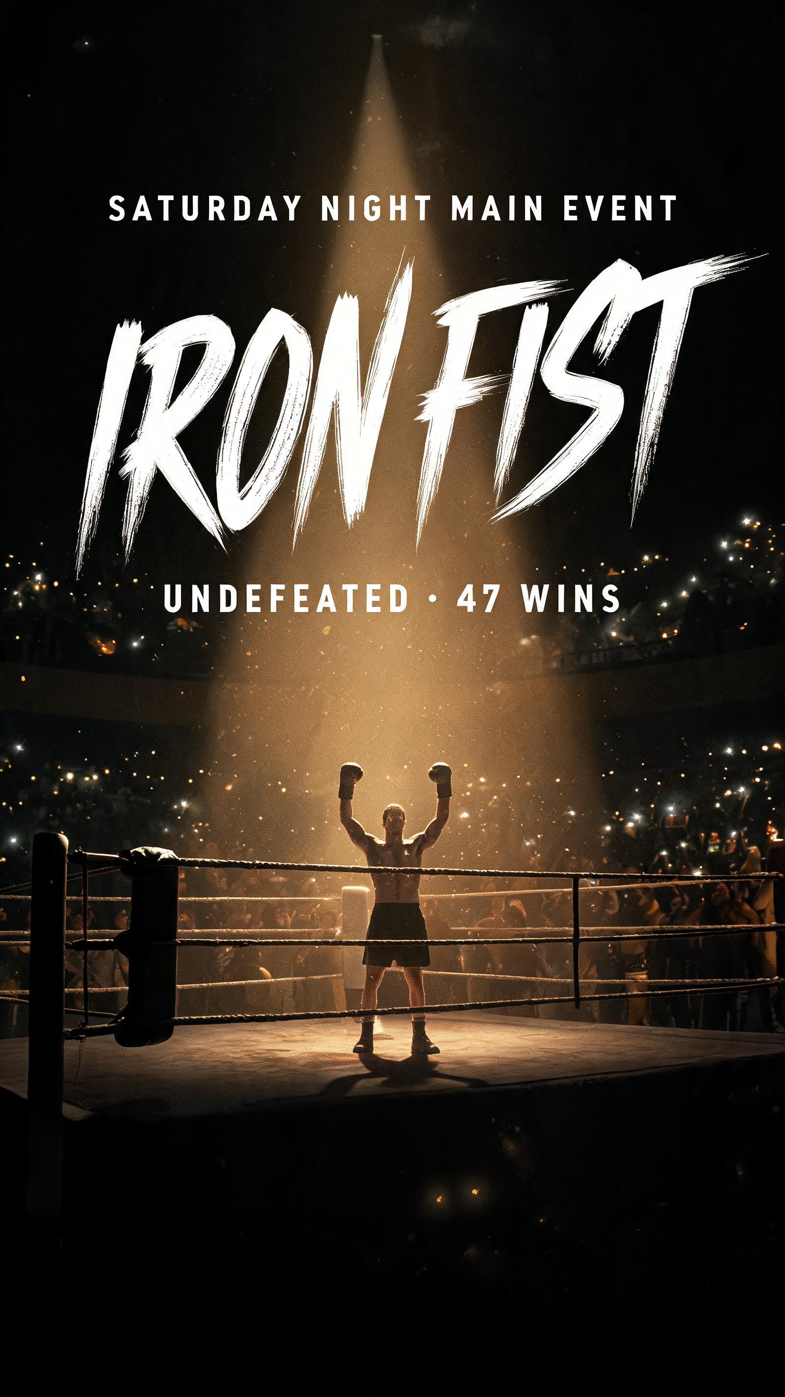 "IRON FIST
UNDEFEATED · 47 WINS
SATURDAY NIGHT MAIN EVENT" — Cinematic | AI Text Effect Generator