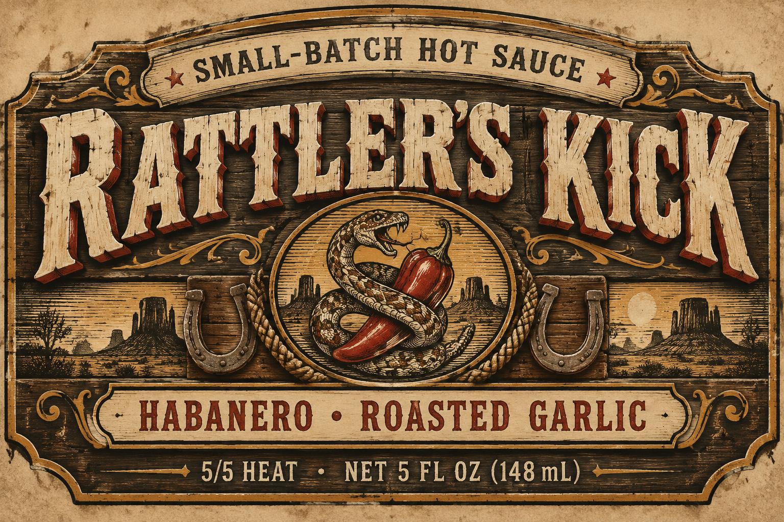 "RATTLER'S KICK
SMALL-BATCH HOT SAUCE
HABANERO • ROASTED GARLIC
5/5 HEAT  ·  NET 5 FL OZ (148 mL)" — Western | AI Text Effect Generator