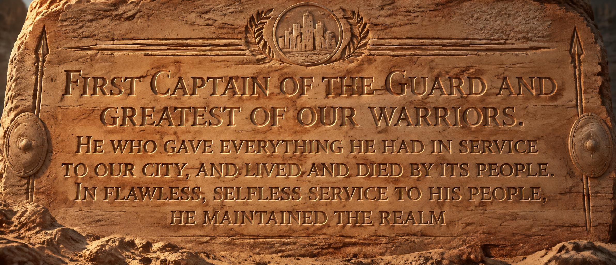 "First Captain of the Guard and greatest of our warriors. He who gave everything he had in service to our city, and lived and died by its people. In flawless, selfless service to his people, he maintained the realm" — Sand Stone | AI Text Effect Generator