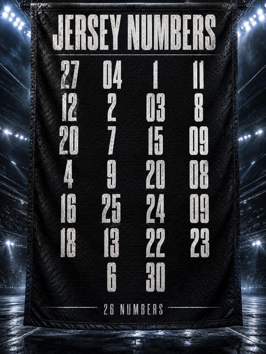 JERSEY NUMBERS
27
04
1
11
12
2
03
8
20
7
15
09
4
9
20
08
16
25
24
09
18
13
22
23
6
30
26 NUMBERS