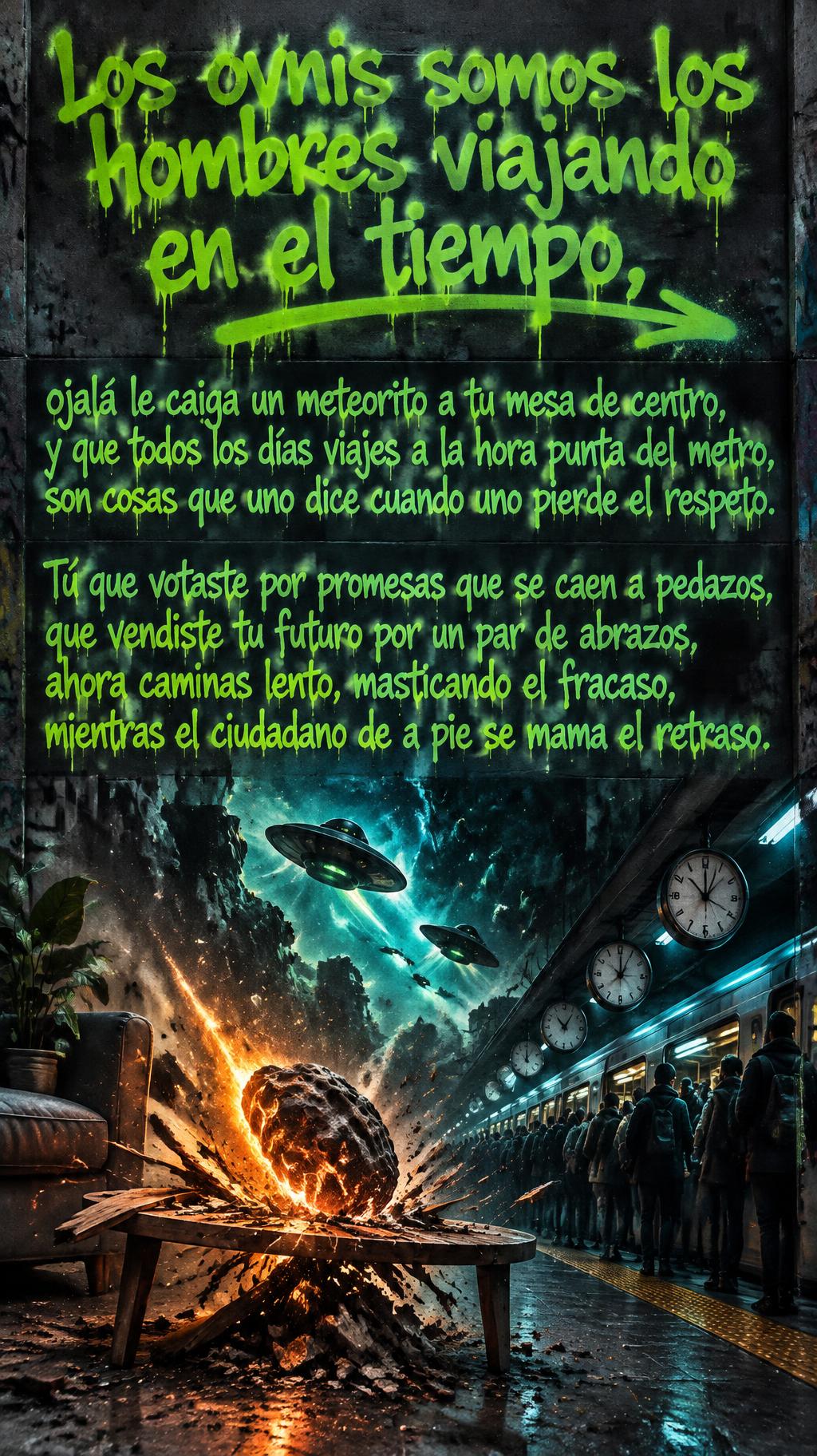 "Los ovnis somos los hombres viajando en el tiempo,
ojalá le caiga un meteorito a tu mesa de centro,
y que todos los días viajes a la hora punta del metro,
son cosas que uno dice cuando uno pierde el respeto.
Tú que votaste por promesas que se caen a pedazos,
que vendiste tu futuro por un par de abrazos,
ahora caminas lento, masticando el fracaso,
mientras el ciudadano de a pie se mama el retraso." — Muro De AndéN | AI Text Effect Generator