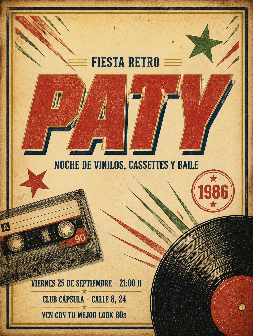 "PATY
FIESTA RETRO
NOCHE DE VINILOS, CASSETTES Y BAILE
VIERNES 25 DE SEPTIEMBRE · 21:00 H
CLUB CÁPSULA · CALLE 8, 24
VEN CON TU MEJOR LOOK 80s
1986" — Vintage | AI Text Effect Generator