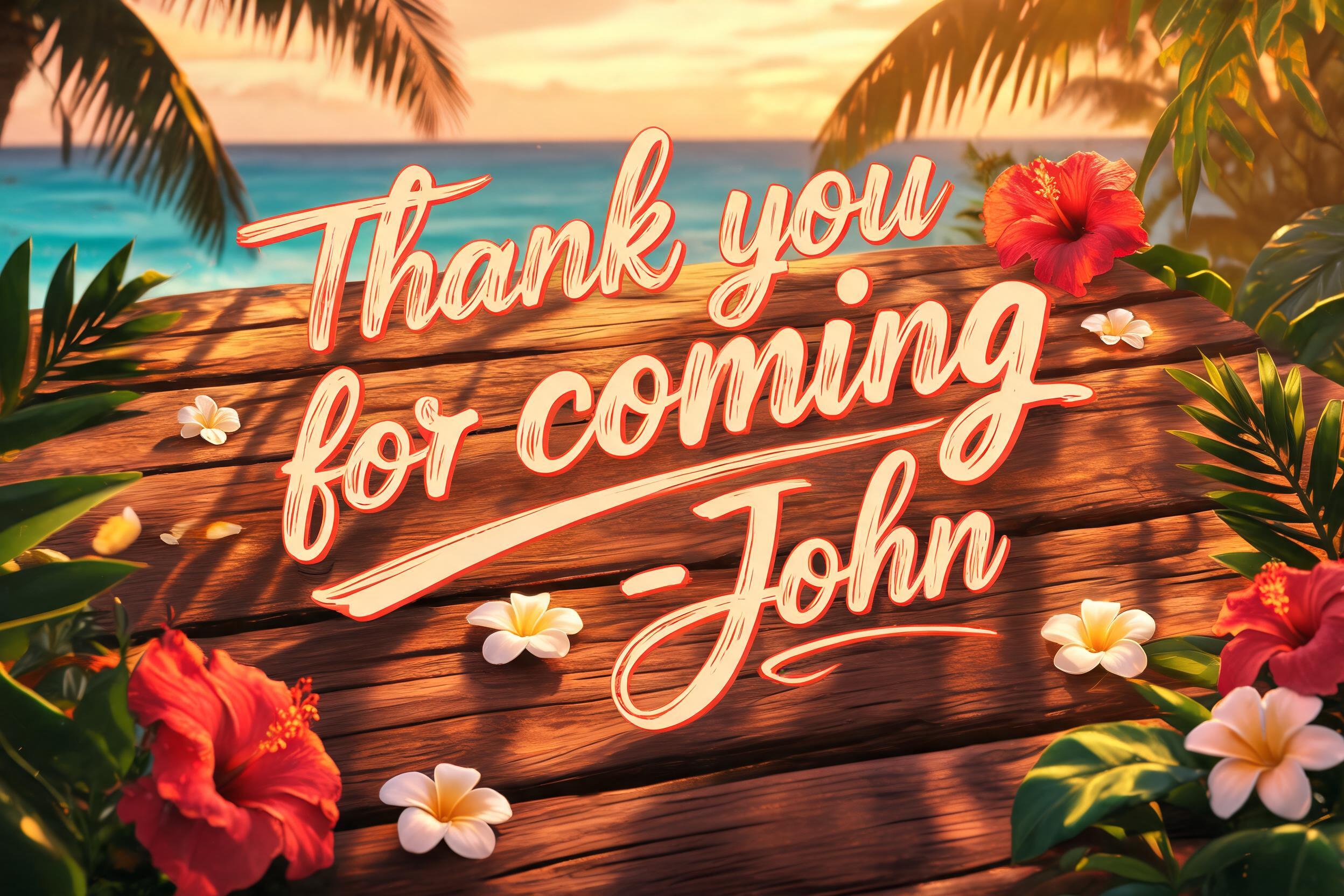 "Thank you for coming - John" — Hawaiian | AI Text Effect Generator