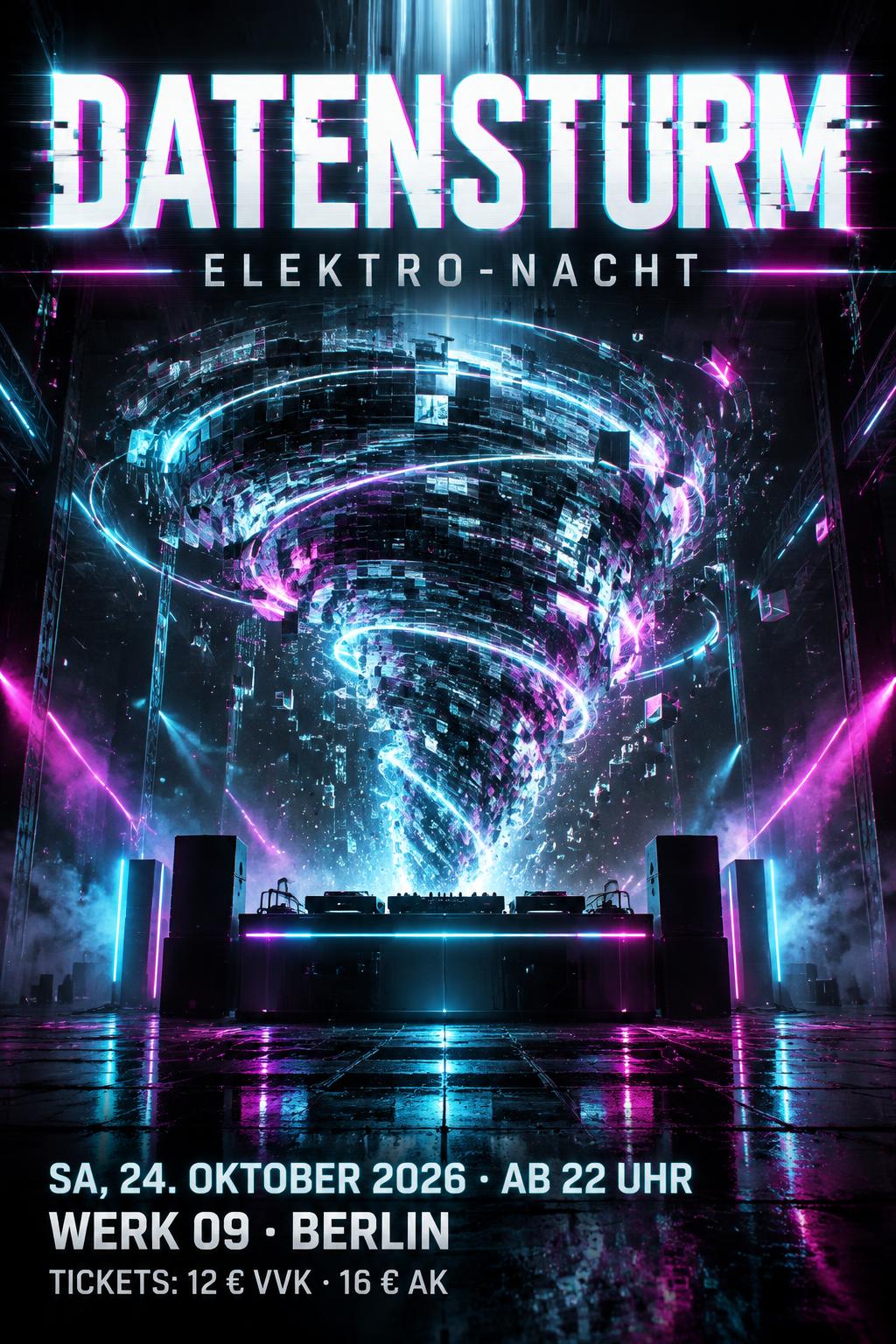 "DATENSTURM
ELEKTRO-NACHT
SA, 24. OKTOBER 2026 · AB 22 UHR
WERK 09 · BERLIN
TICKETS: 12 € VVK · 16 € AK" — Cyberpunk | AI Text Effect Generator