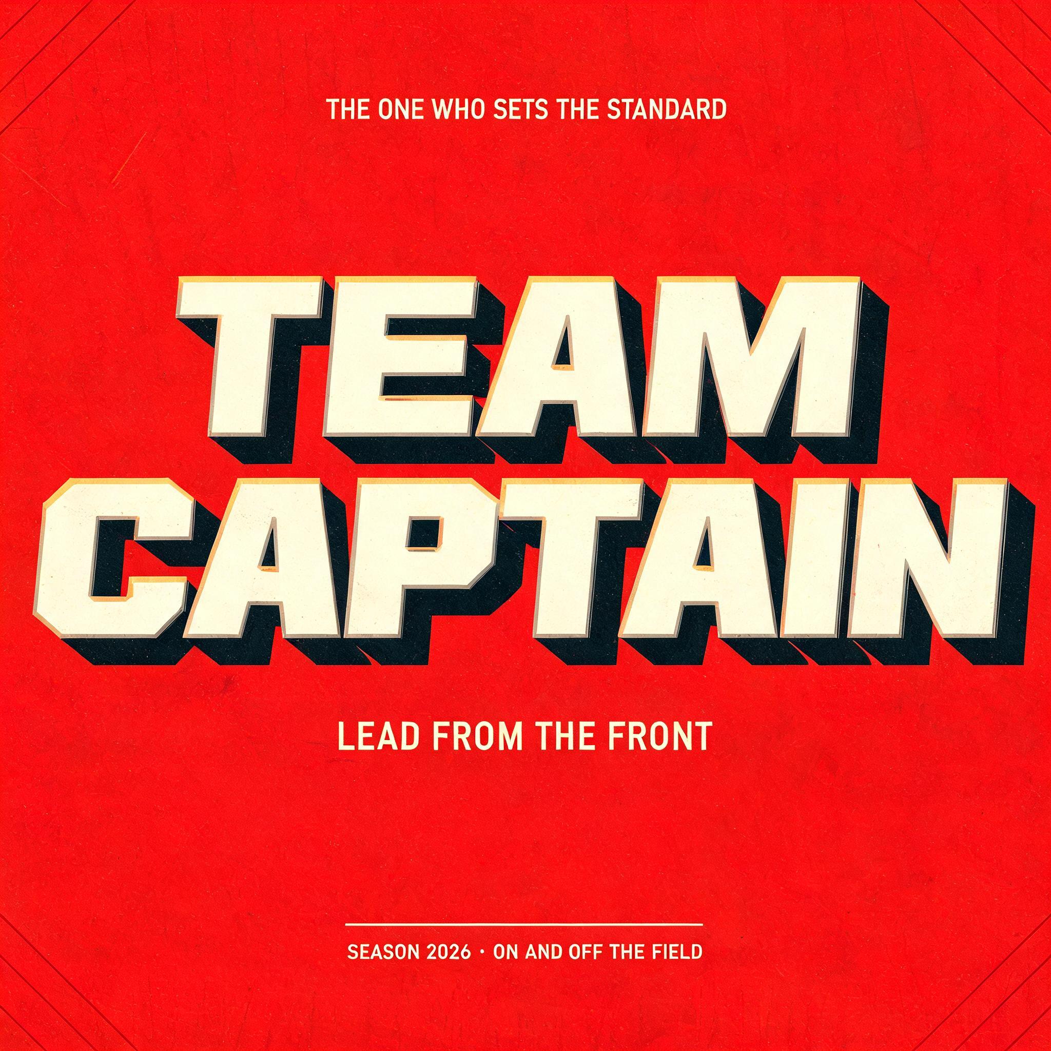 "TEAM
CAPTAIN
THE ONE WHO SETS THE STANDARD
LEAD FROM THE FRONT
SEASON 2026 · ON AND OFF THE FIELD" — 3d Bold | AI Text Effect Generator