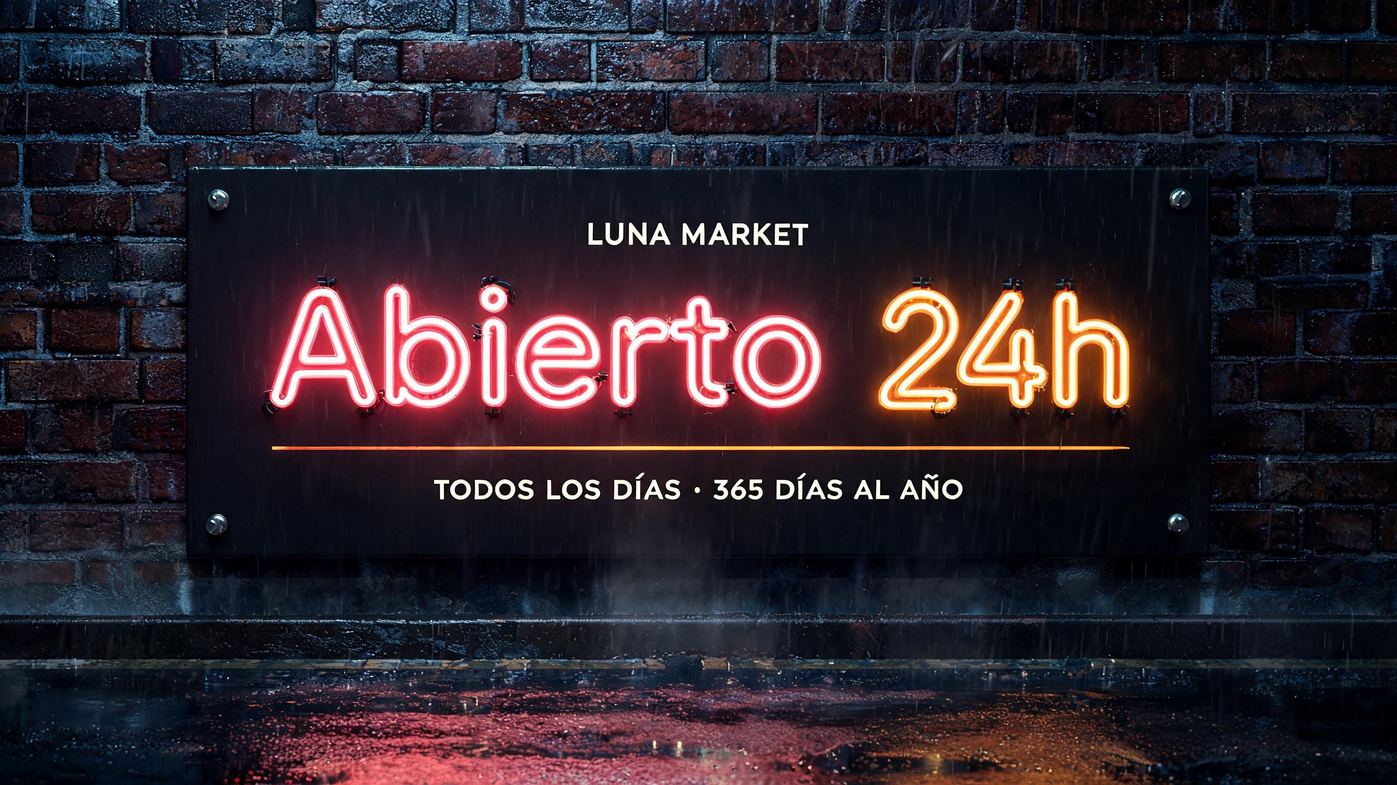 "Abierto 24h
LUNA MARKET
TODOS LOS DÍAS · 365 DÍAS AL AÑO" — Neon Sign | AI Text Effect Generator