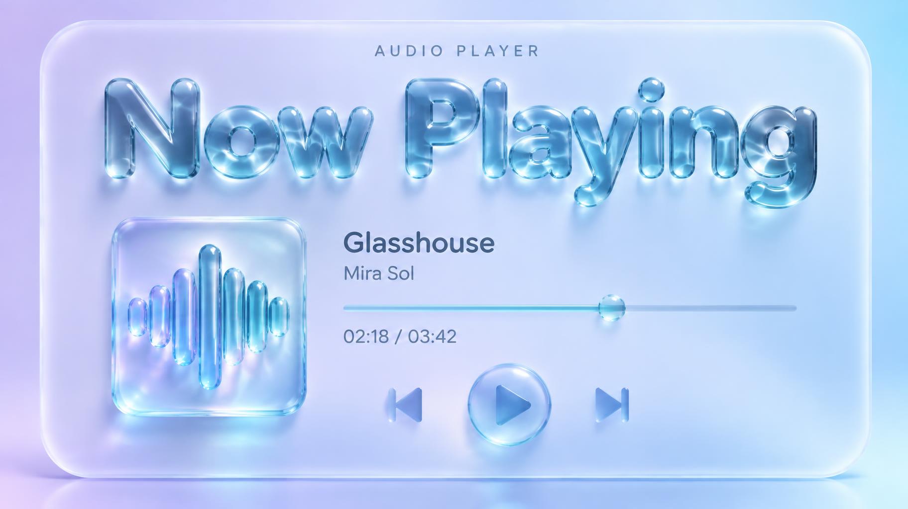 "Now Playing
Glasshouse
Mira Sol
02:18 / 03:42
AUDIO PLAYER" — Glass Liquid | AI Text Effect Generator