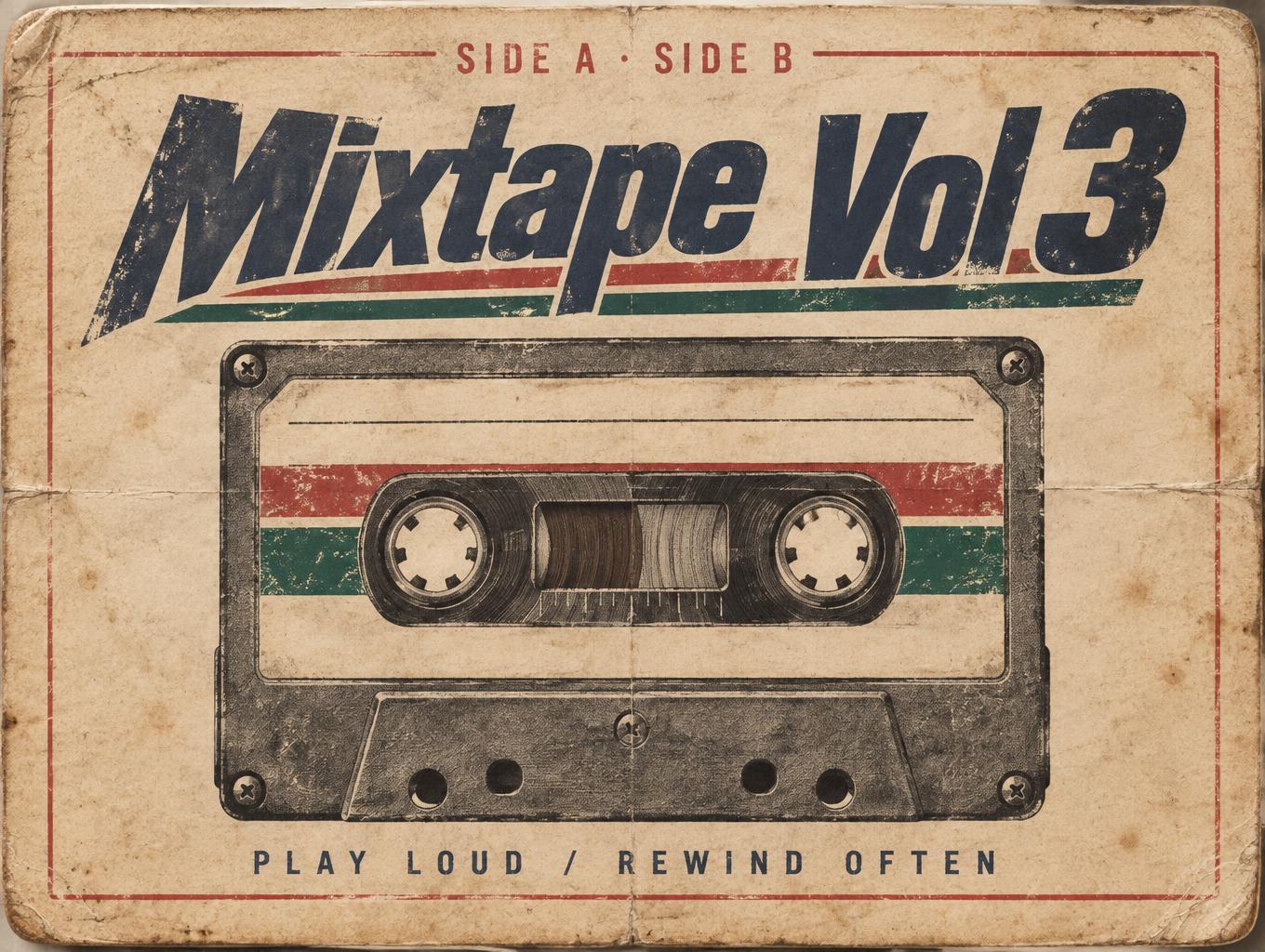 "Mixtape Vol 3
SIDE A · SIDE B
PLAY LOUD / REWIND OFTEN" — Vintage | AI Text Effect Generator