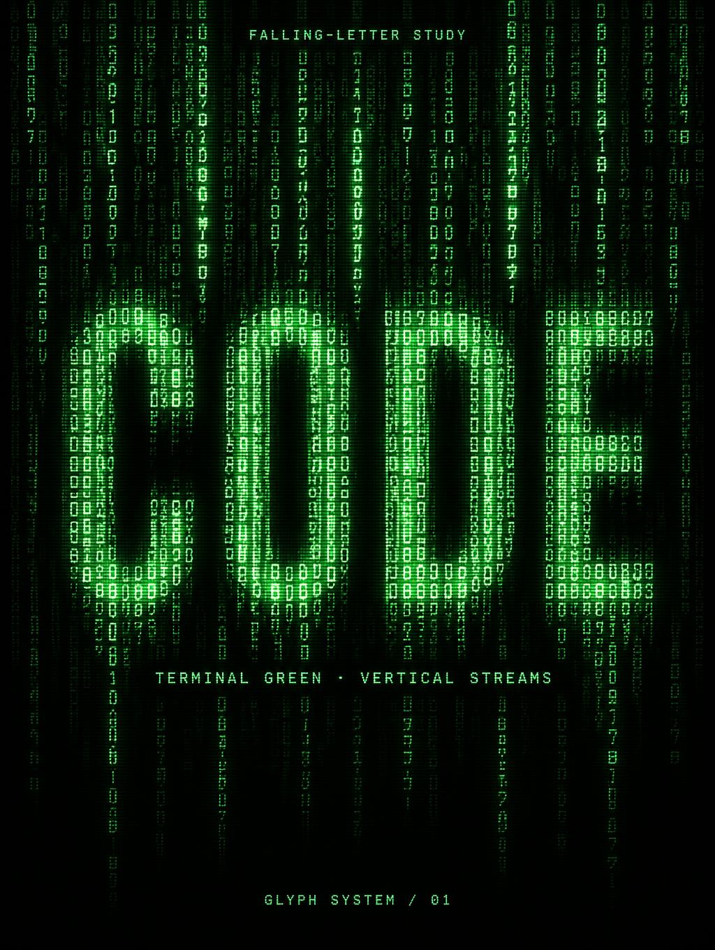 "CODE
FALLING-LETTER STUDY
TERMINAL GREEN · VERTICAL STREAMS
GLYPH SYSTEM / 01" — Cyberpunk Data Stream text effect
