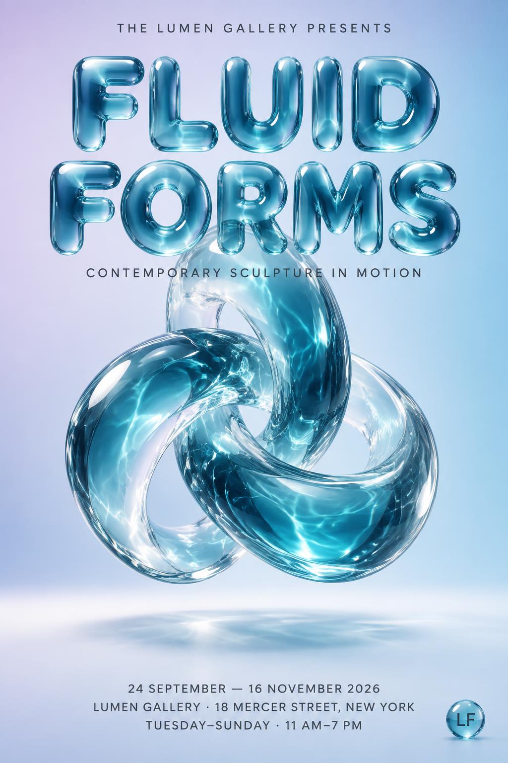 "FLUID
FORMS
THE LUMEN GALLERY PRESENTS
CONTEMPORARY SCULPTURE IN MOTION
24 SEPTEMBER — 16 NOVEMBER 2026
LUMEN GALLERY · 18 MERCER STREET, NEW YORK
TUESDAY–SUNDAY · 11 AM–7 PM
LF" — Glass Liquid | AI Text Effect Generator