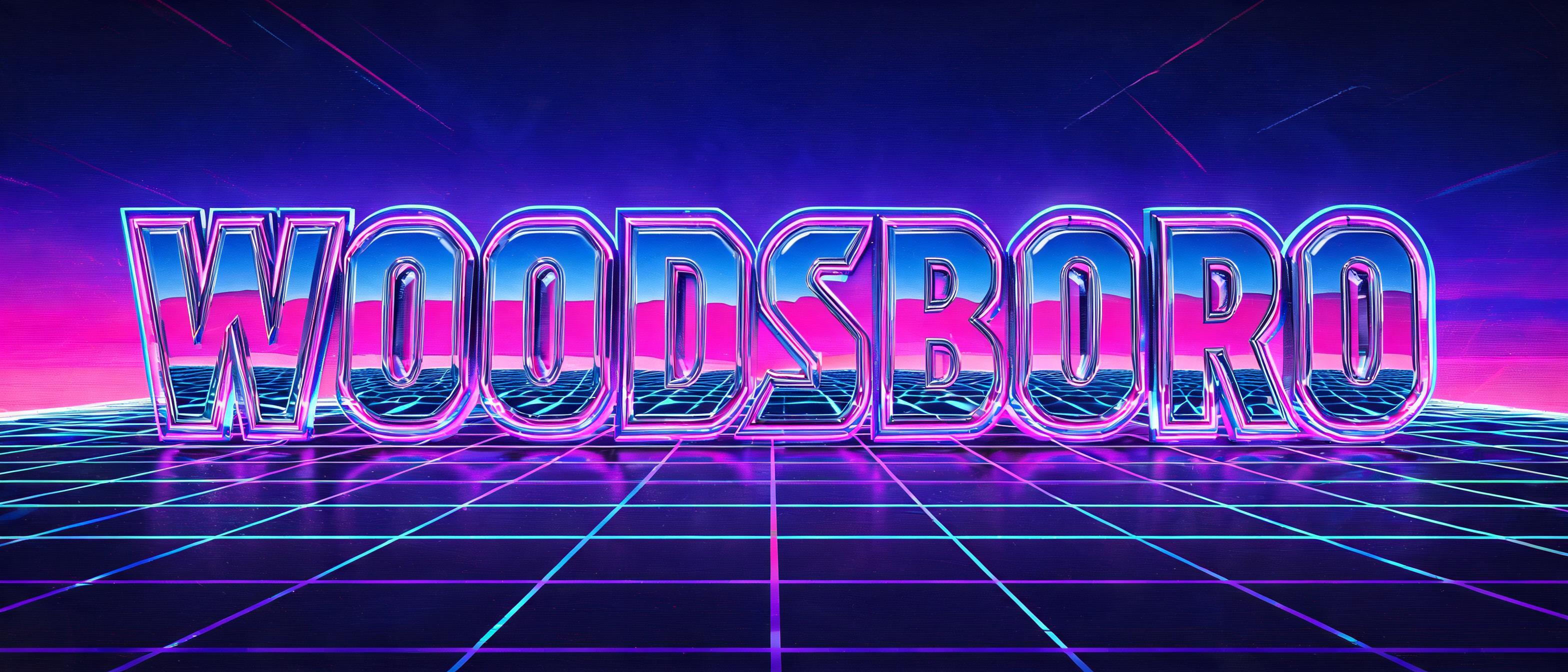 "WOODSBORO" — Neon 80s text effect