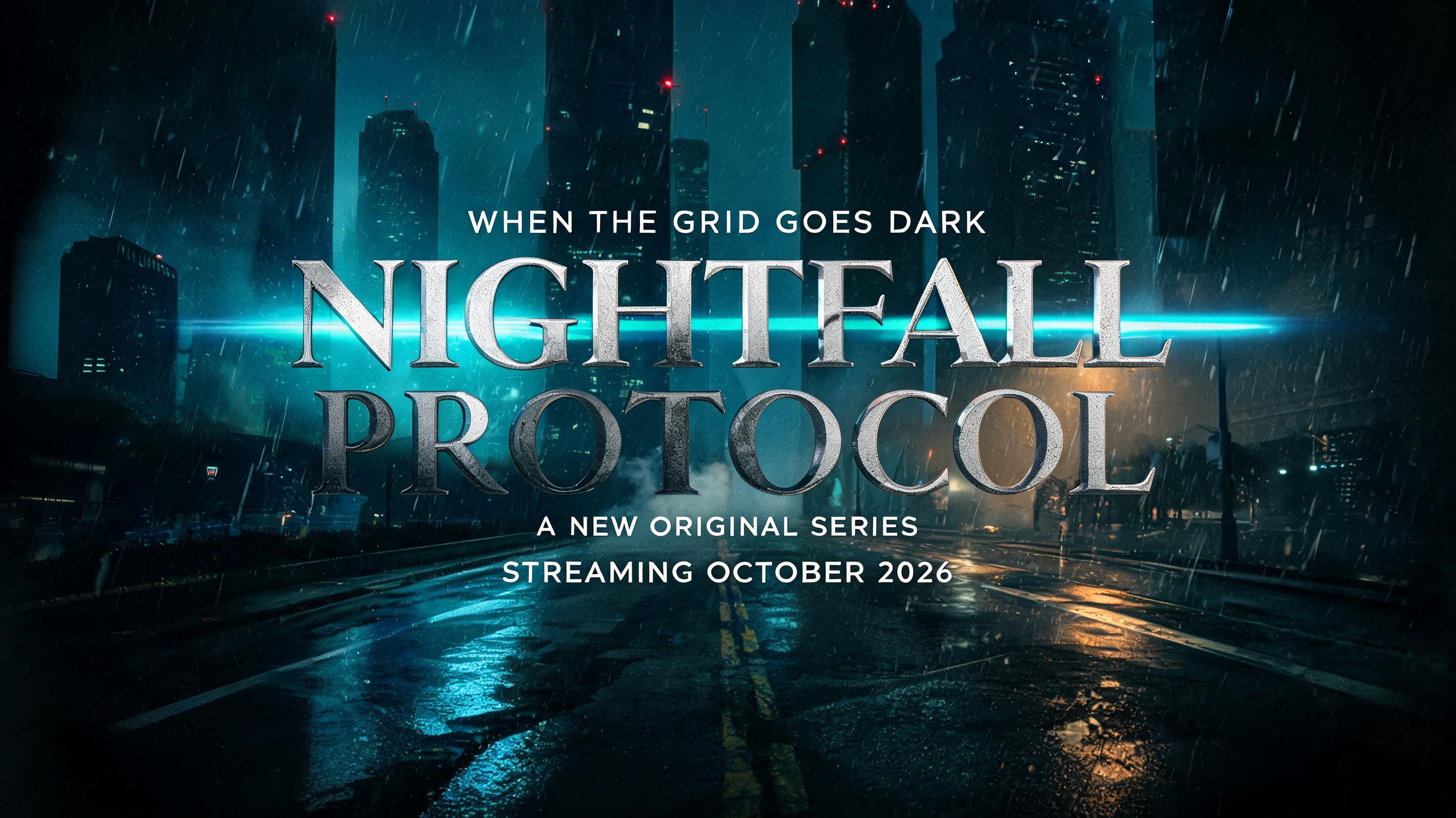 "NIGHTFALL
PROTOCOL
WHEN THE GRID GOES DARK
A NEW ORIGINAL SERIES
STREAMING OCTOBER 2026" — Cinematic | AI Text Effect Generator