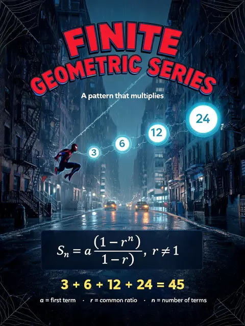 "FINITE GEOMETRIC SERIES
A pattern that multiplies
S_n = a(1 - r^n) / (1 - r), r ≠ 1
3 + 6 + 12 + 24 = 45
a = first term · r = common ratio · n = number of terms" — Spider Hero text effect