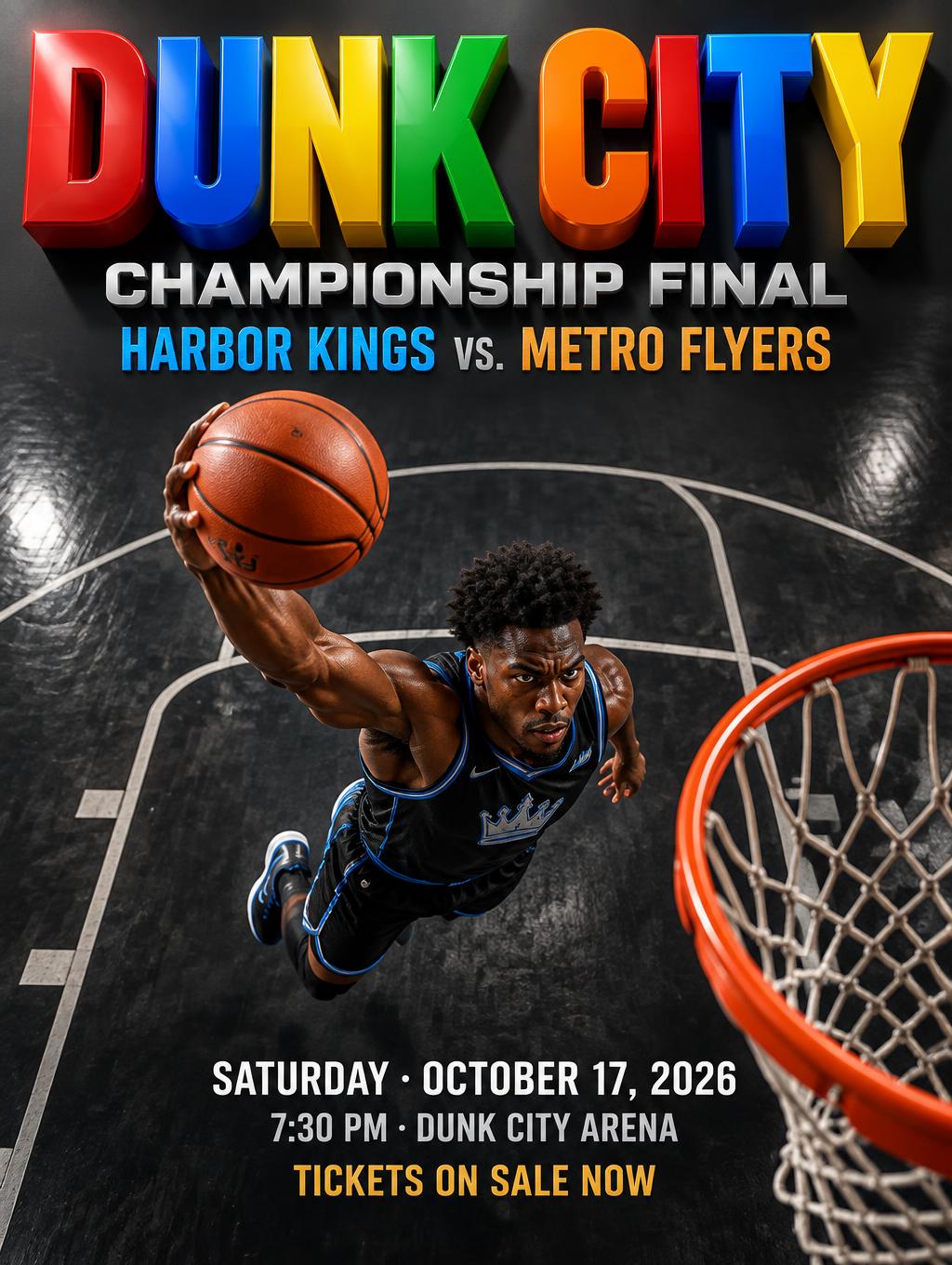 "DUNK CITY
CHAMPIONSHIP FINAL
HARBOR KINGS vs. METRO FLYERS
SATURDAY · OCTOBER 17, 2026
7:30 PM · DUNK CITY ARENA
TICKETS ON SALE NOW" — 3d Bold | AI Text Effect Generator