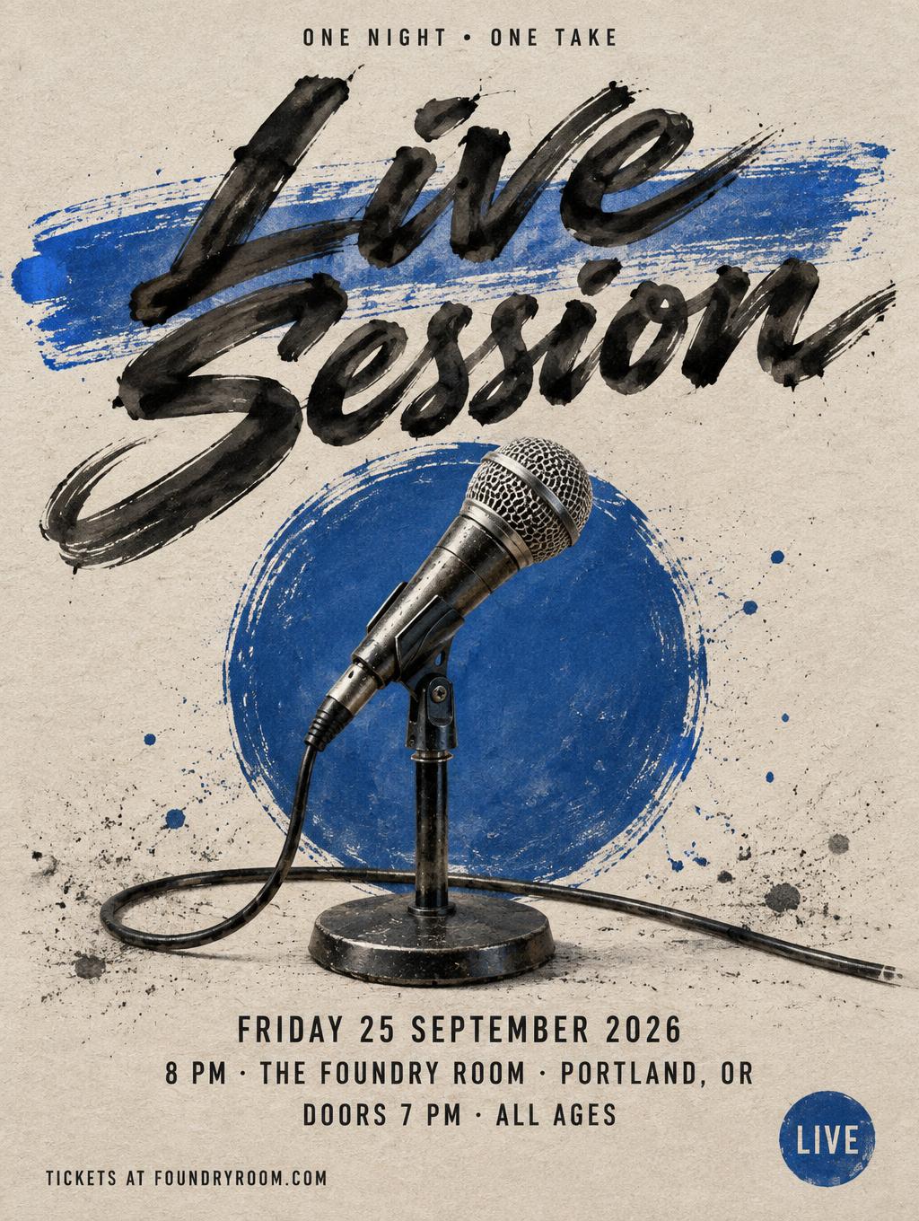 "Live
Session
ONE NIGHT • ONE TAKE
FRIDAY 25 SEPTEMBER 2026
8 PM · THE FOUNDRY ROOM · PORTLAND, OR
DOORS 7 PM · ALL AGES
TICKETS AT FOUNDRYROOM.COM
LIVE" — Brush Stroke | AI Text Effect Generator