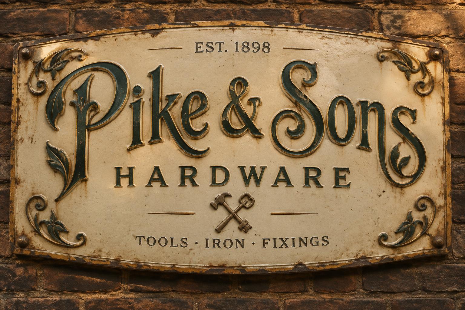 "Pike & Sons
HARDWARE
EST. 1898
TOOLS · IRON · FIXINGS" — Vintage | AI Text Effect Generator
