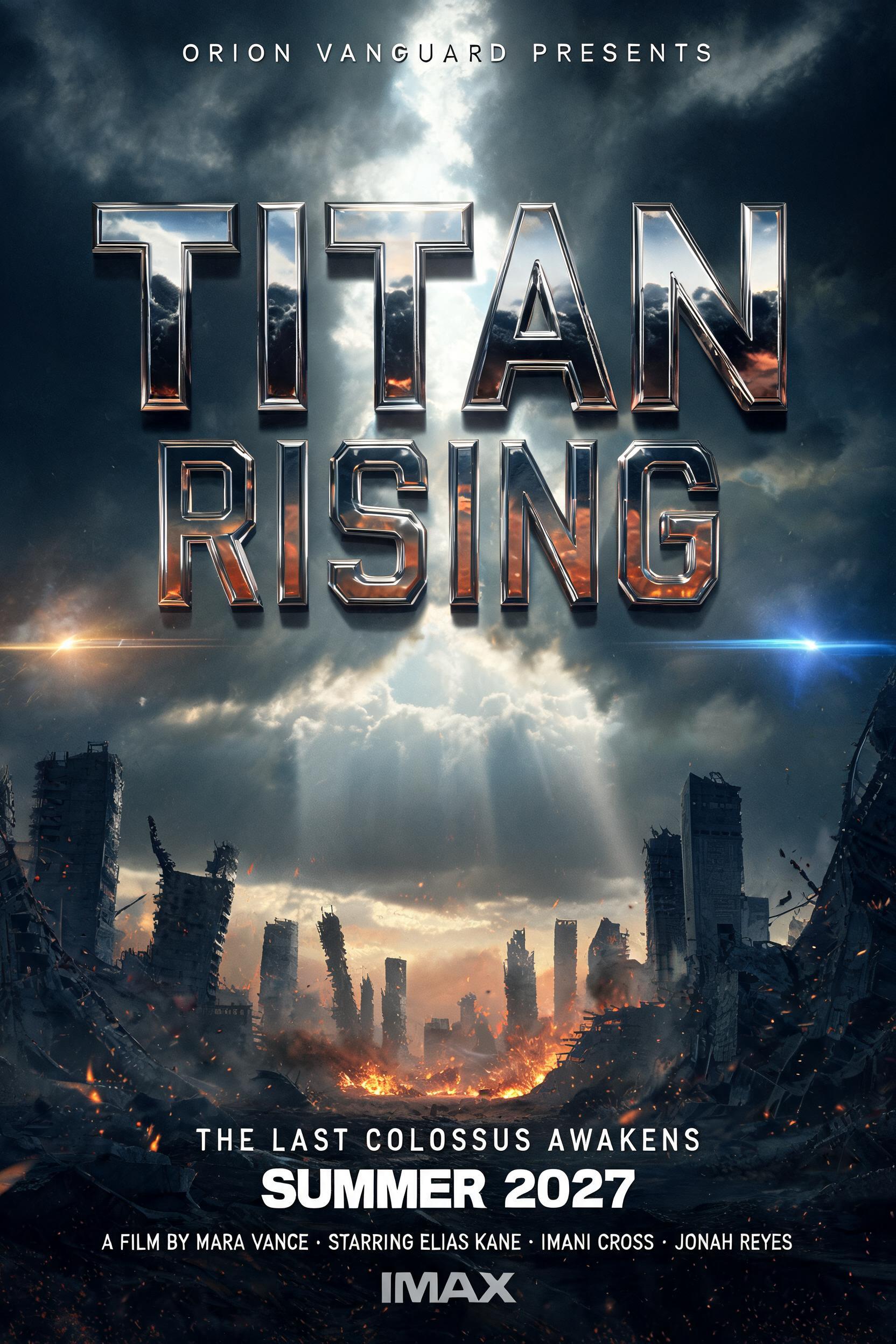 TITAN
RISING
ORION VANGUARD PRESENTS
THE LAST COLOSSUS AWAKENS
SUMMER 2027
A FILM BY MARA VANCE · STARRING ELIAS KANE · IMANI CROSS · JONAH REYES
IMAX