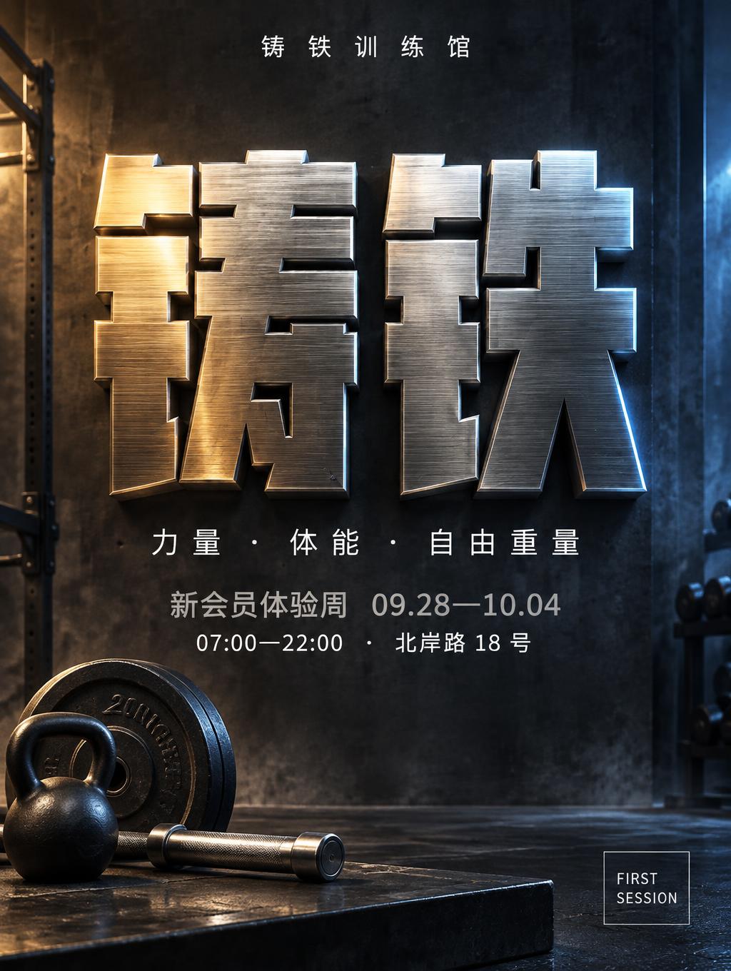 "铸铁
铸铁训练馆
力量 · 体能 · 自由重量
新会员体验周  09.28—10.04
07:00—22:00  ·  北岸路 18 号
FIRST SESSION" — Metallic | AI Text Effect Generator