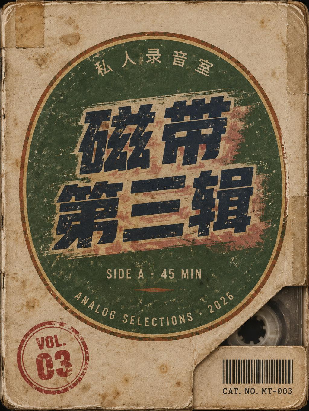 "磁带
第三辑
私人录音室
SIDE A · 45 MIN
ANALOG SELECTIONS · 2026
VOL. 03
CAT. NO. MT-003" — Vintage | AI Text Effect Generator