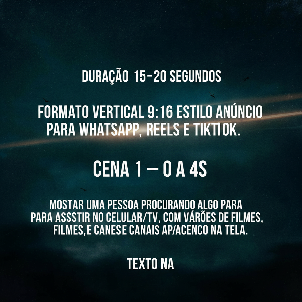 "Duração: 15–20 segundos
Formato: Vertical 9:16, estilo anúncio para WhatsApp, Reels e TikTok.

Cena 1 — 0 a 4s
Mostrar uma pessoa procurando algo para assistir no celular/TV, com várias opções de filmes, séries e canais aparecendo na tela.
Texto na" — Cinematic Netflix | AI Text Effect Generator