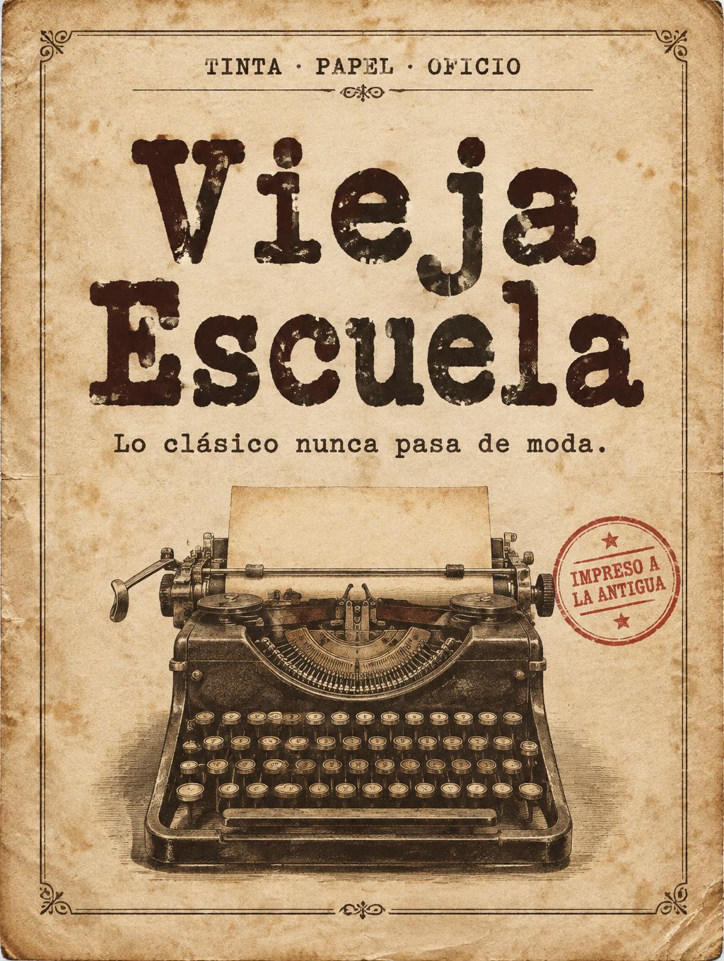 "Vieja Escuela
TINTA · PAPEL · OFICIO
Lo clásico nunca pasa de moda.
IMPRESO A LA ANTIGUA" — Vintage | AI Text Effect Generator