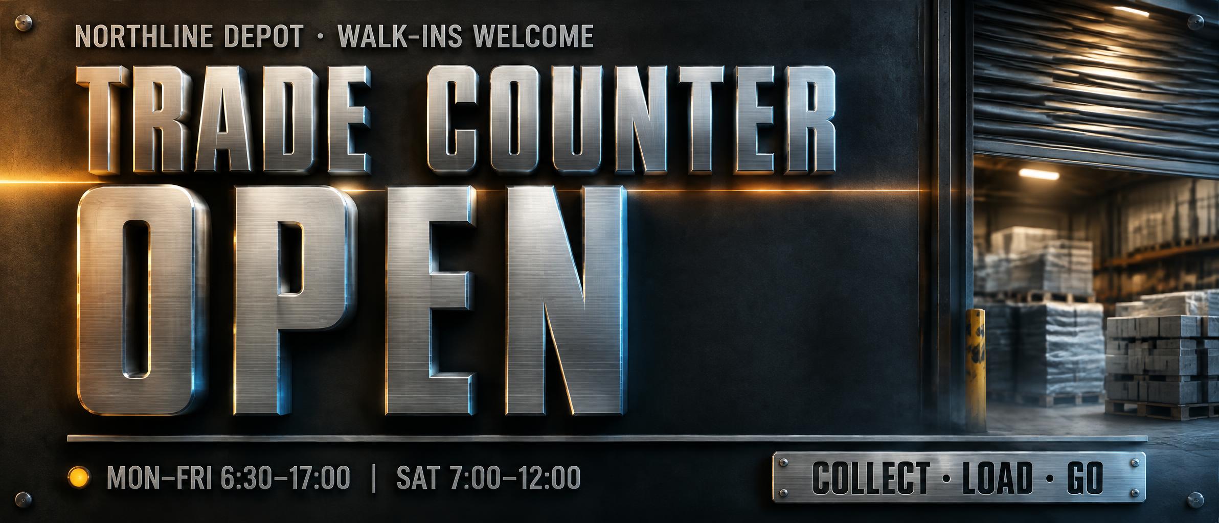 "TRADE COUNTER
OPEN
NORTHLINE DEPOT · WALK-INS WELCOME
MON–FRI 6:30–17:00  |  SAT 7:00–12:00
COLLECT · LOAD · GO" — Metallic | AI Text Effect Generator