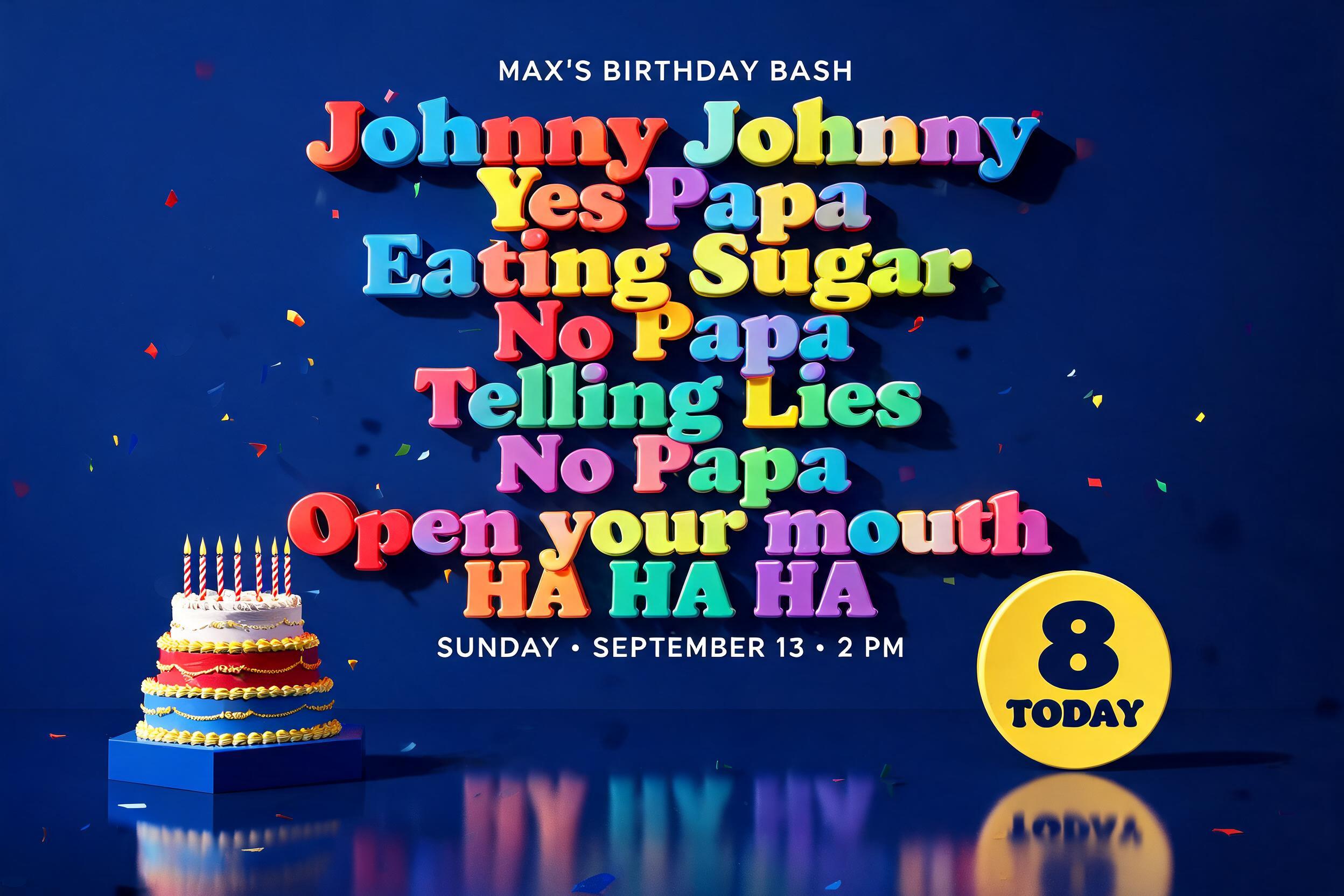 "Johnny Johnny 
Yes Papa
Eating Sugar
No Papa
Telling Lies 
No Papa
Open your mouth
HA HA HA" — 3d Bold | AI Text Effect Generator