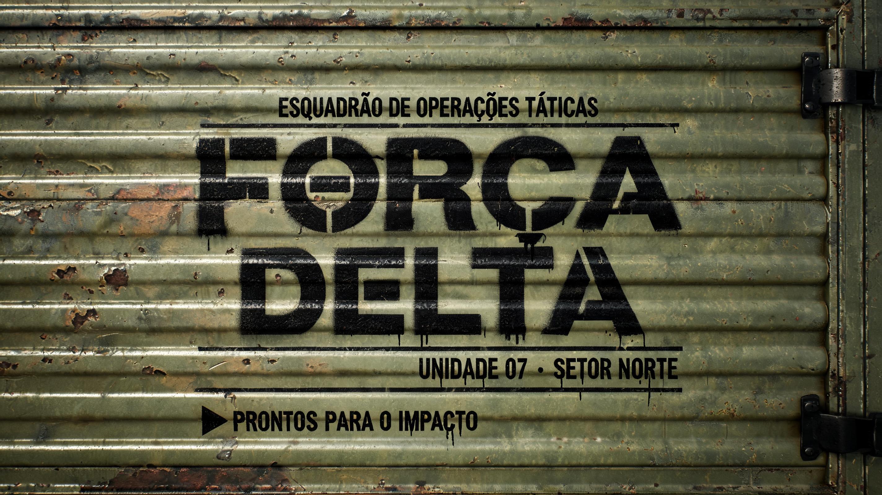 "FORÇA
DELTA
ESQUADRÃO DE OPERAÇÕES TÁTICAS
UNIDADE 07 · SETOR NORTE
PRONTOS PARA O IMPACTO" — Stencil | AI Text Effect Generator