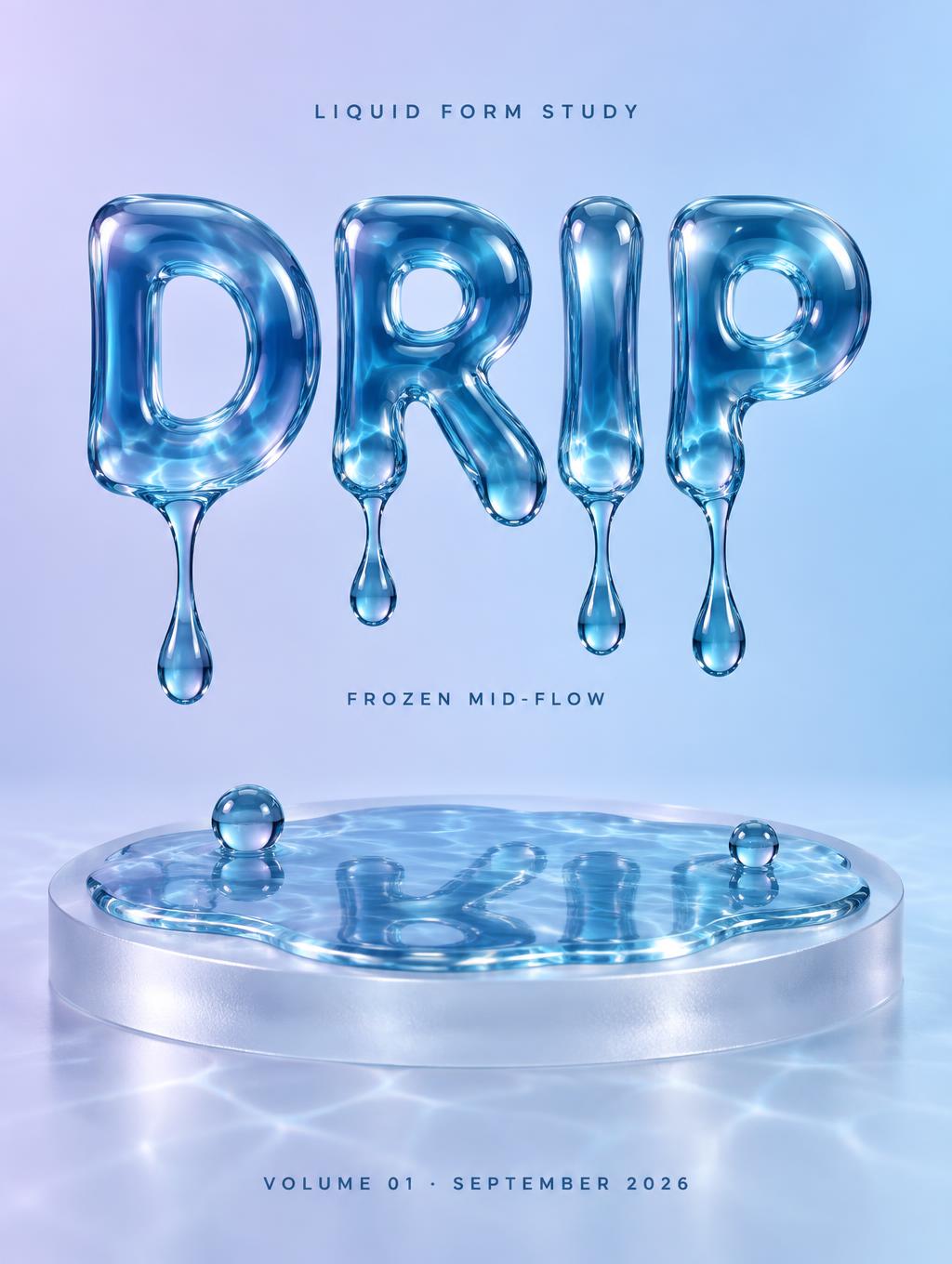"DRIP
LIQUID FORM STUDY
FROZEN MID-FLOW
VOLUME 01 · SEPTEMBER 2026" — Glass Liquid | AI Text Effect Generator