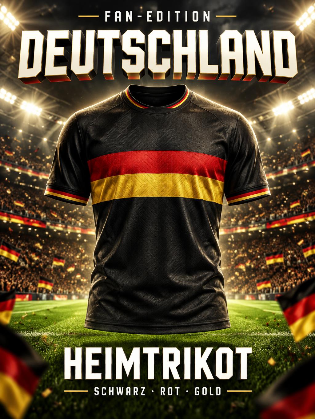 "DEUTSCHLAND
FAN-EDITION
HEIMTRIKOT
SCHWARZ · ROT · GOLD" — Sports Football | AI Text Effect Generator