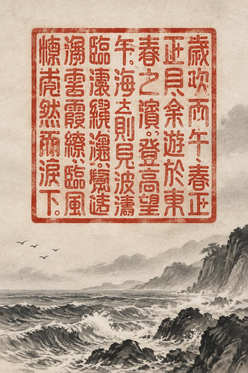 "歲次丙午、春正月、余遊於東海之濱。登高望遠、則見波濤洶湧、雲霞繚繞。臨風懷古、不覺愴然而淚下。" — Brush Chinese Ink | AI Text Effect Generator
