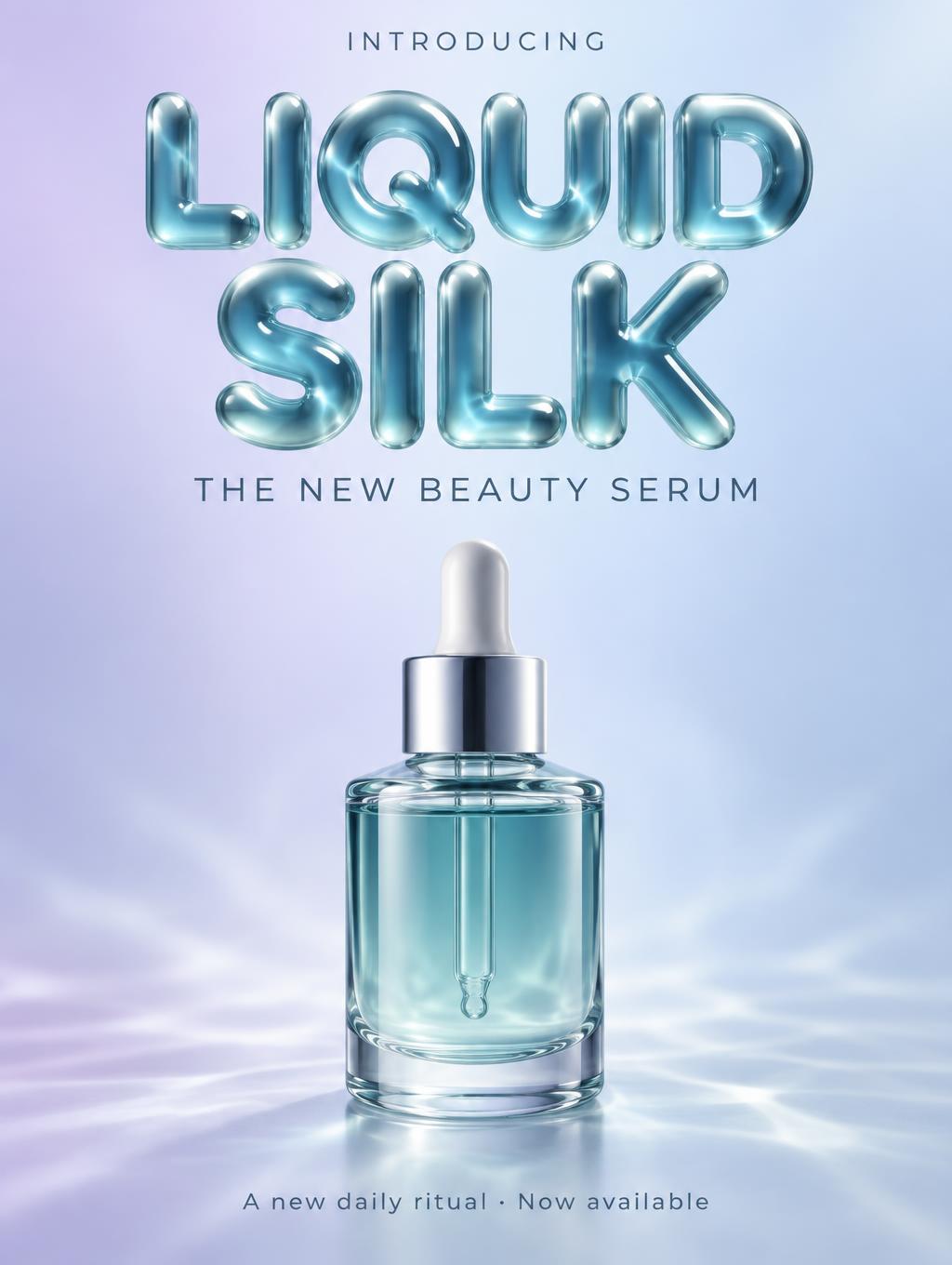 "INTRODUCING
LIQUID SILK
THE NEW BEAUTY SERUM
A new daily ritual · Now available" — Glass Liquid | AI Text Effect Generator