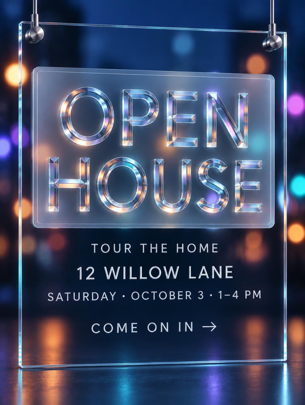 "OPEN HOUSE
TOUR THE HOME
12 WILLOW LANE
SATURDAY · OCTOBER 3 · 1–4 PM
COME ON IN →" — Glass Morphism | AI Text Effect Generator