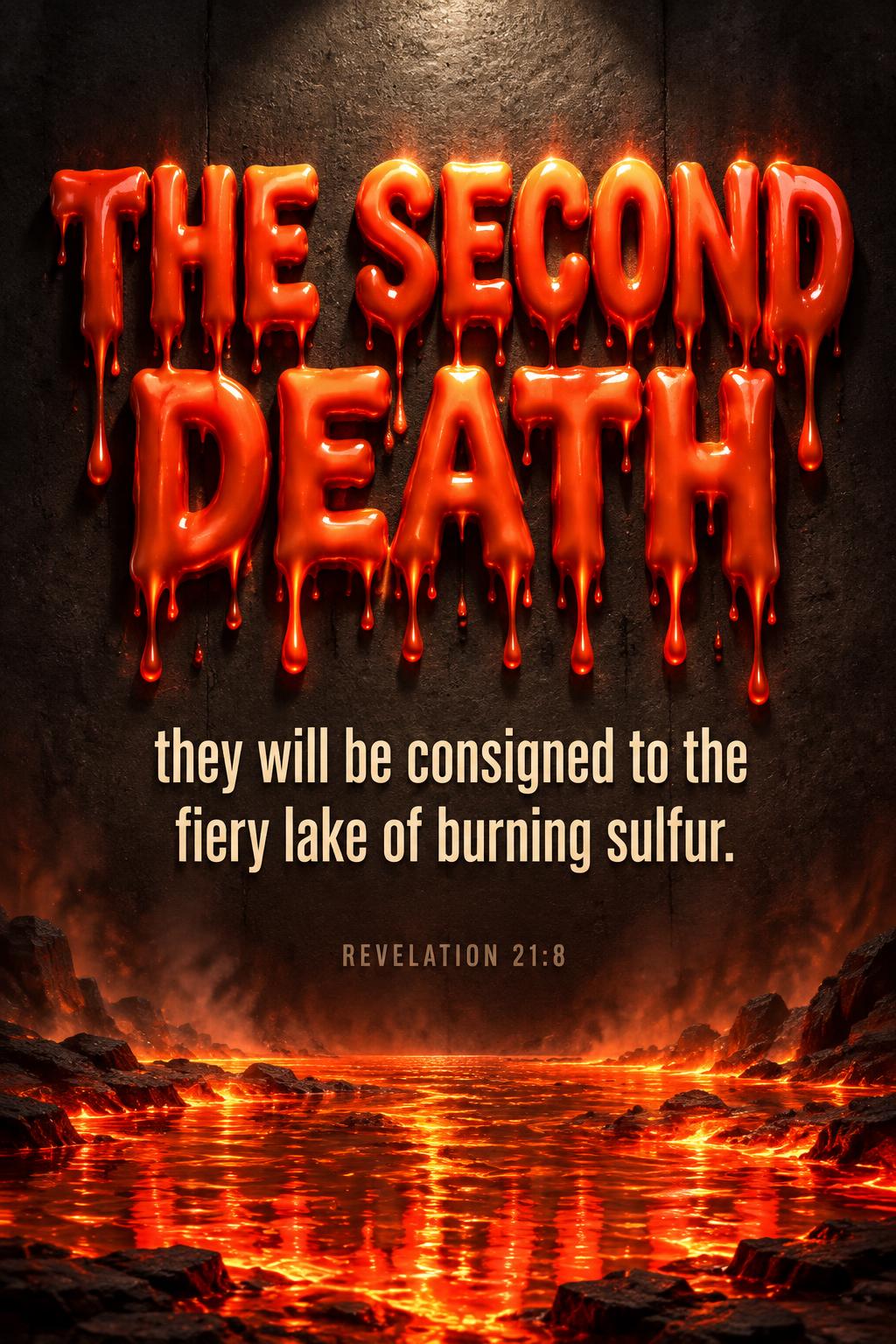 "THE SECOND DEATH
they will be consigned to the fiery lake of burning sulfur.
REVELATION 21:8" — Drip Font | AI Text Effect Generator