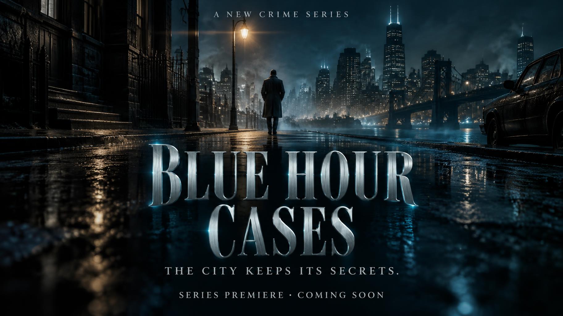 "BLUE HOUR
CASES
THE CITY KEEPS ITS SECRETS.
A NEW CRIME SERIES
SERIES PREMIERE · COMING SOON" — Cinematic | AI Text Effect Generator
